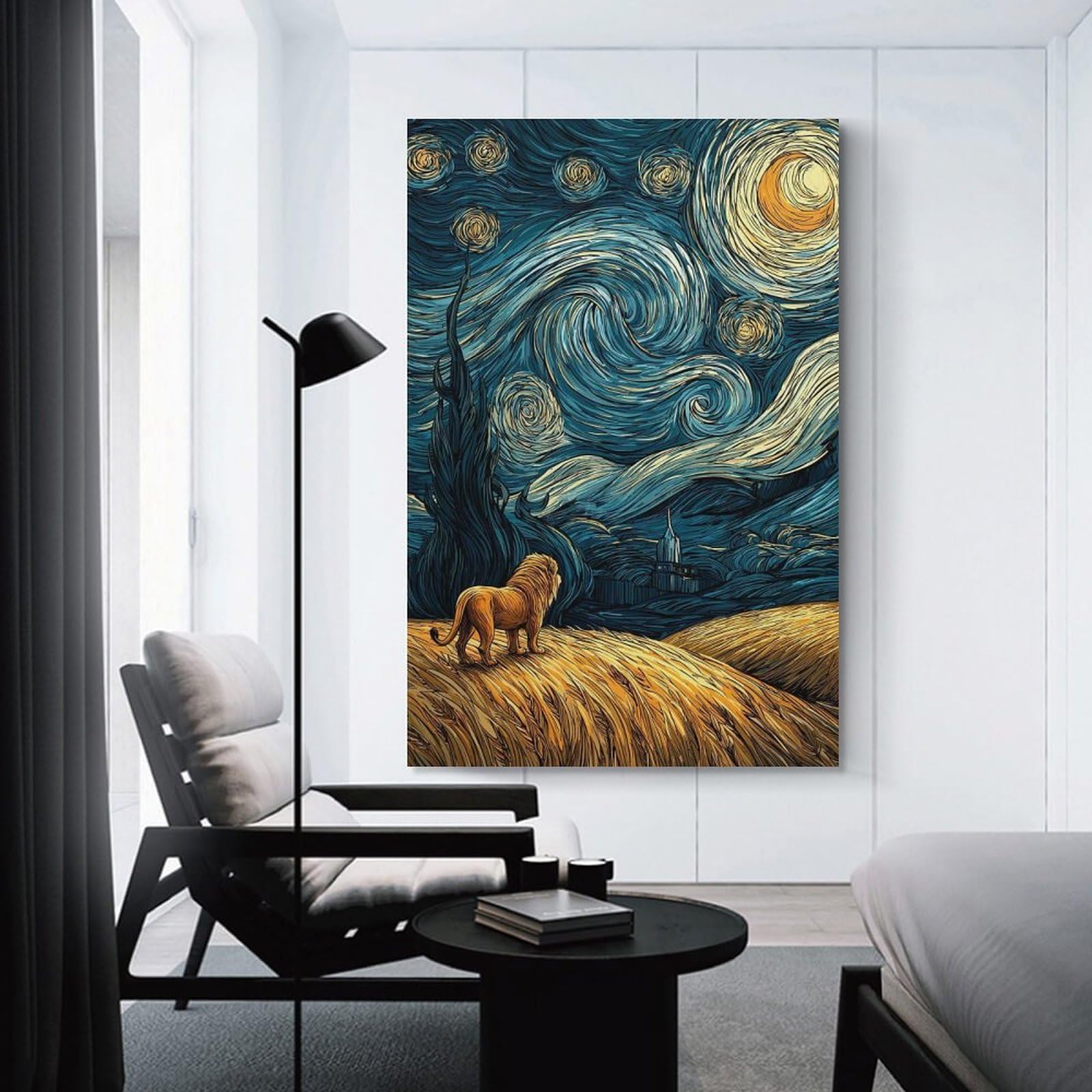 Junmoney Unframe-Style-1 Lion In Starry Night Style Canvas Wall Art, 24X36inch(60X90cm), For Living Room, Bedroom Or Apartment Walls, Decorative Artwork For Empty Walls