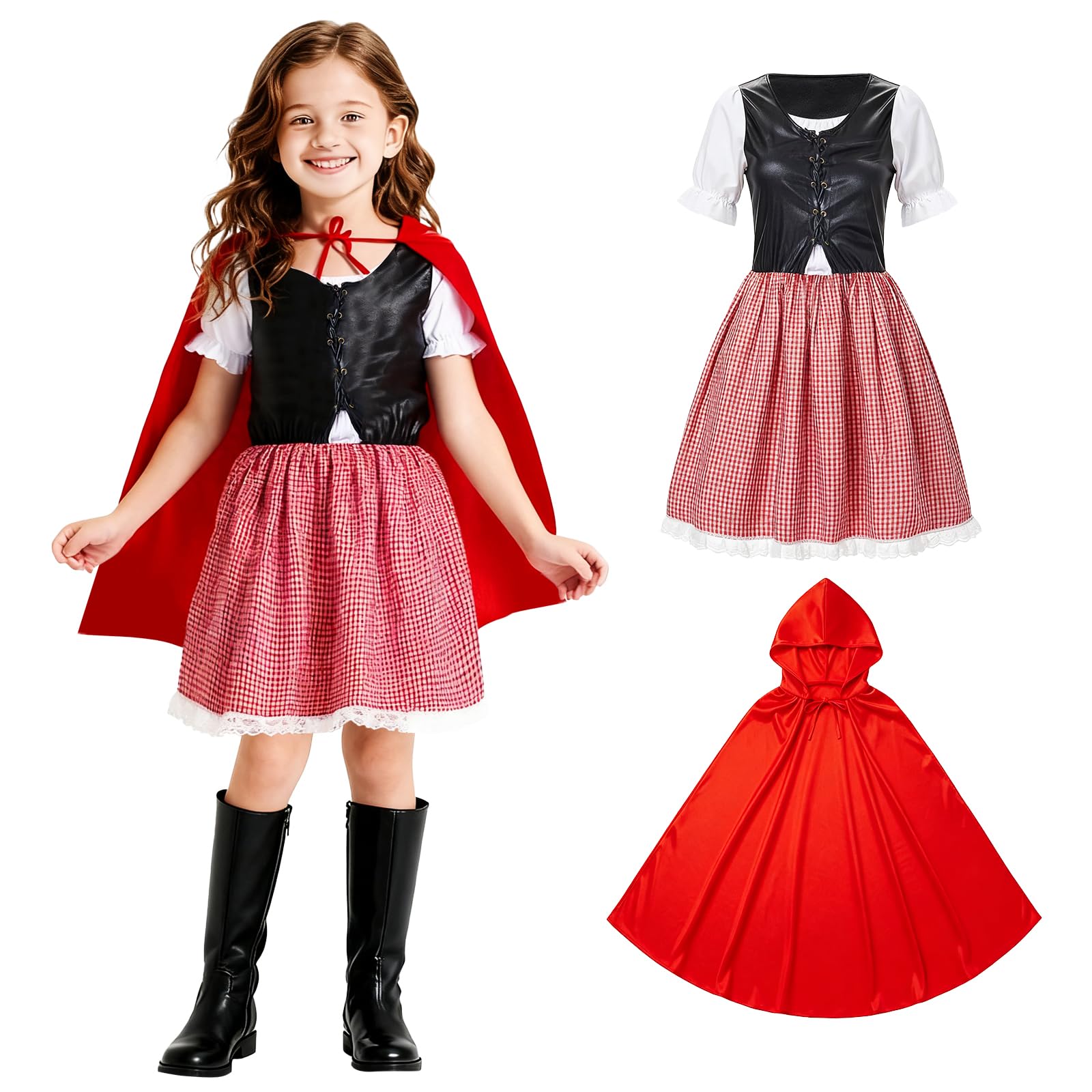 Crazycos Little Red Riding Hood Costume Kids, Hood Costume Red Gingham Dress, Kids Ideal for Role-Playing-XL