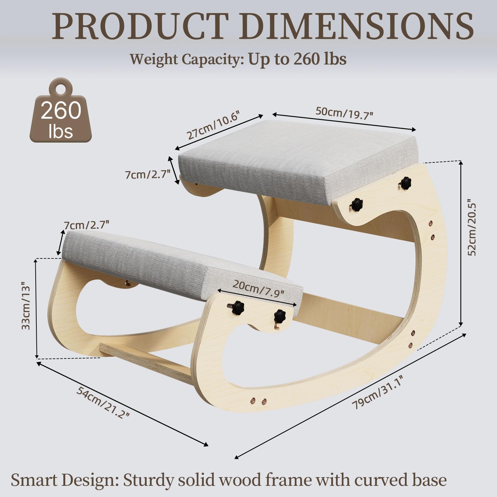 Ergonomischer Kniestuhl mit Schaukelbasis aus Holz – Höhenverstellbarer Haltungstrainer mit dickem Sitzkissen und weicher Knierolle, ideal fürs Homeoffice & gegen Rückenschmerzen