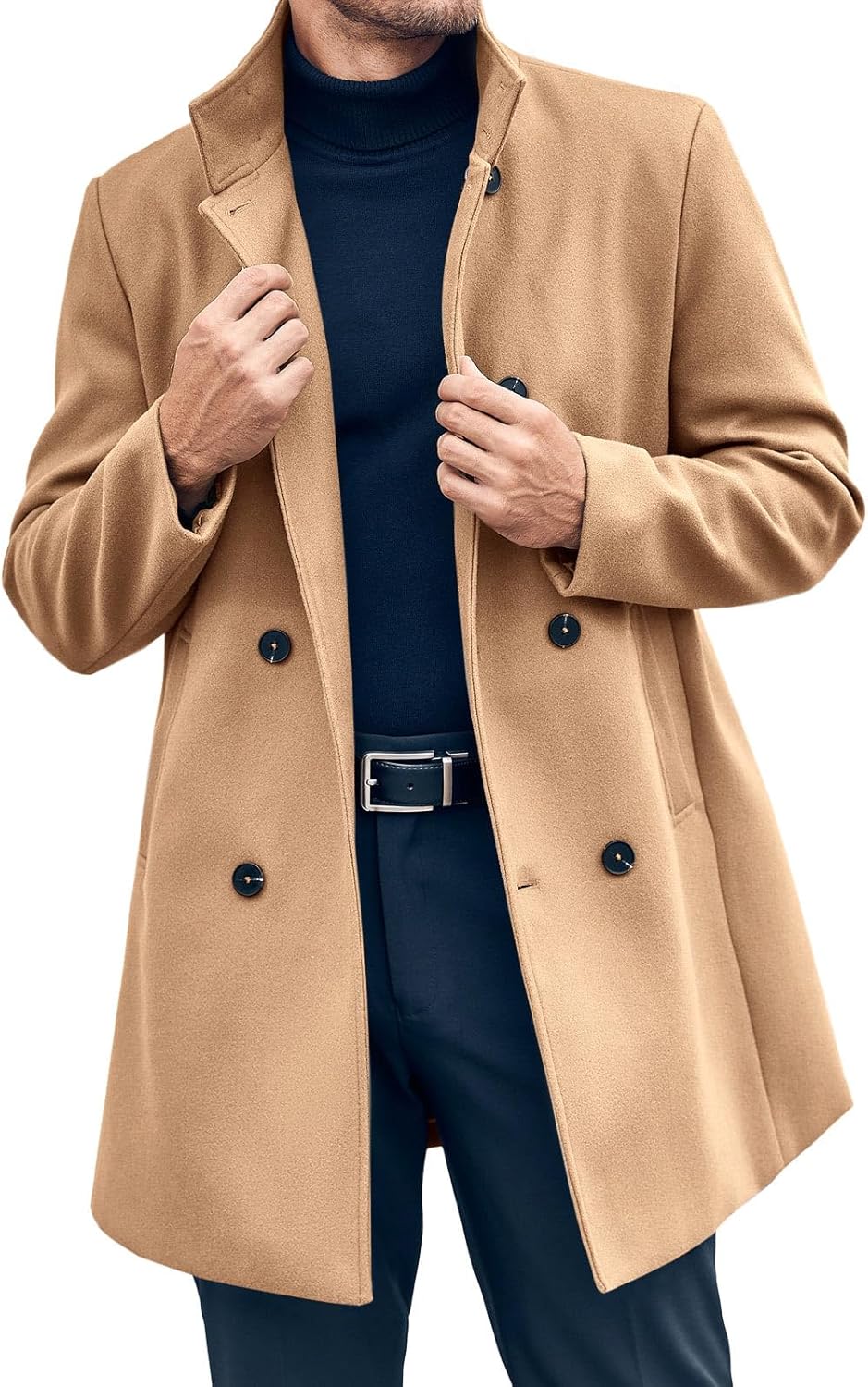 Runcati Mens Mid Long Trench Coat Winter Double Breasted Pea Coat Casual Business Warm Overcoat