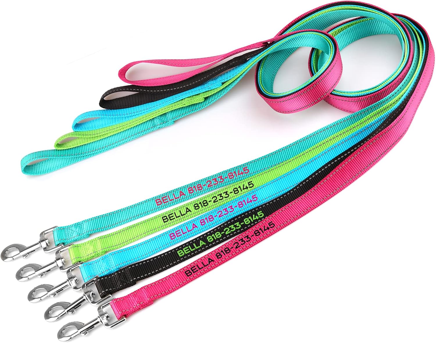 Personalized Dog Leash-6 FT/5 FT Reflective Nylon Dog Leashes Custom Embroidered with Pet Name or Phone Number, Traditional Style Leash with Easy to Use Bolt Snap for Large, Medium & Small Dogs