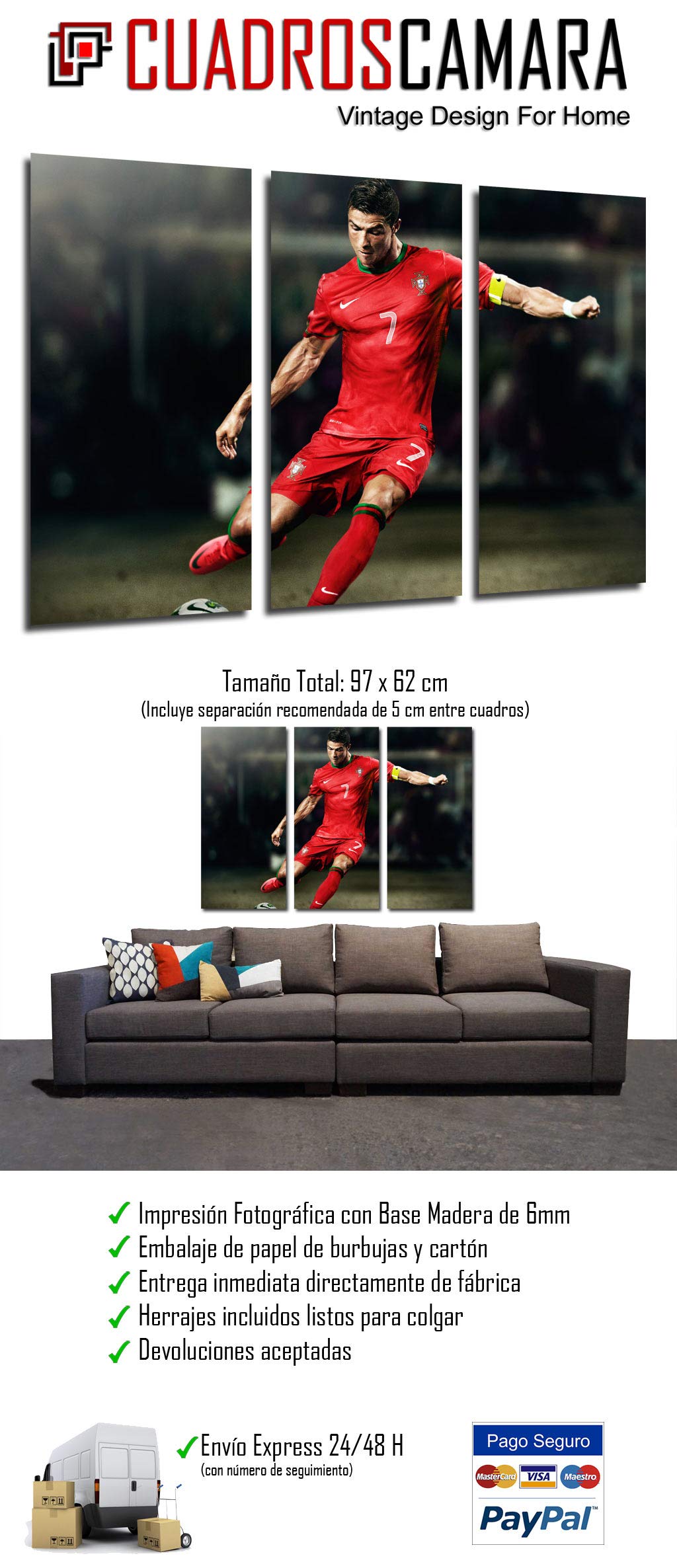 Cuadro Moderno Fotografico Futbol, Cristiano Ronaldo, Real Madrid, Portugal, 97 x 62 cm, ref. 27145