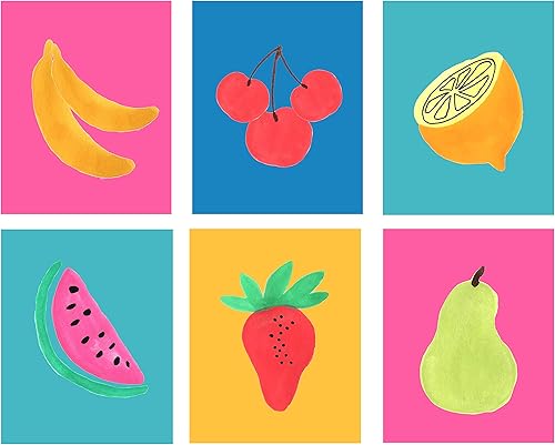 Abstract Fruit No.18 Wall Art Prints. Set of 6-8x10 Unframed Colorful Modern Kitchen Decor. Shades of Blue, Pink,Yellow, Green & Red.