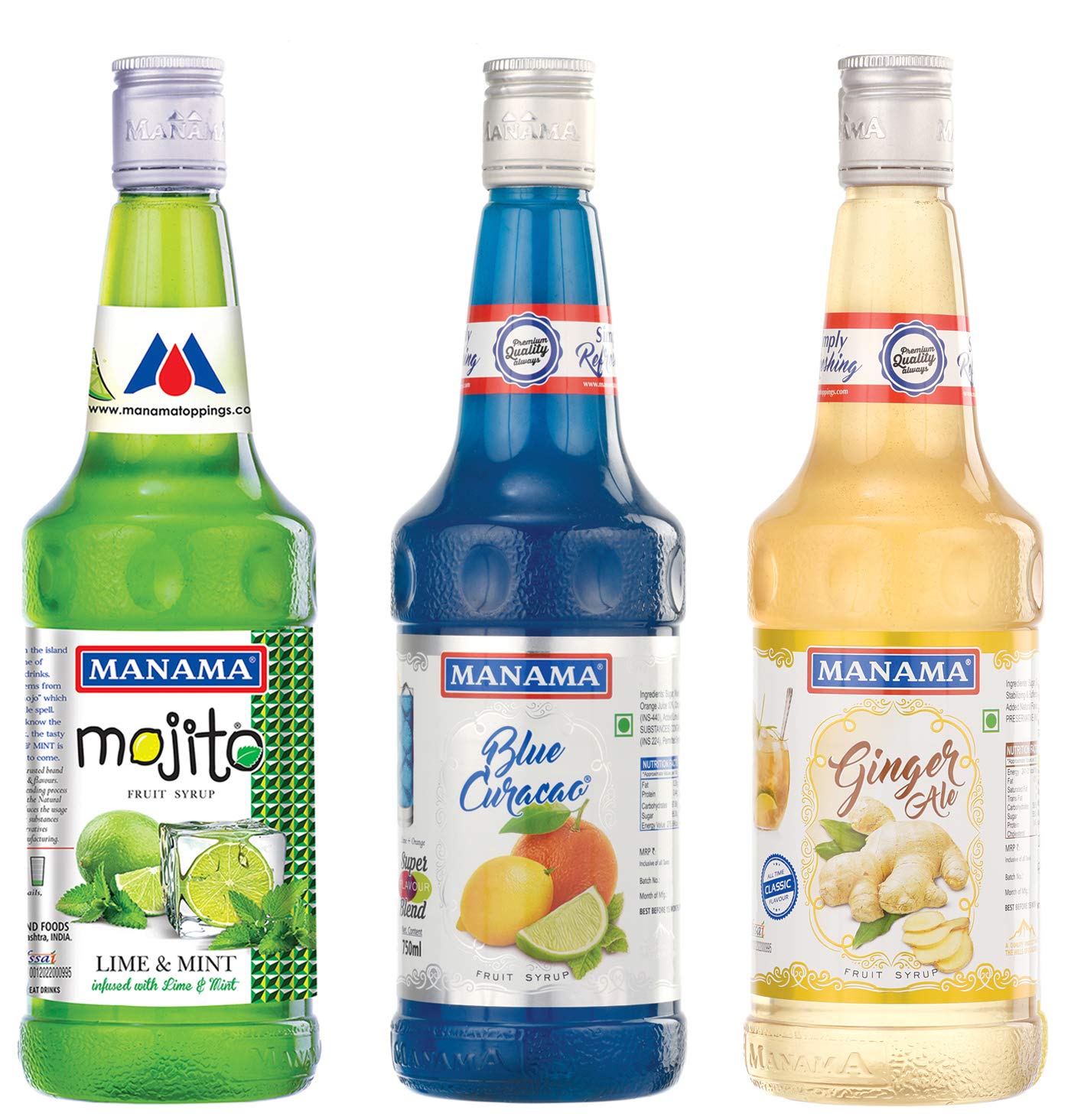 Manama Lime and Mint Mojito, Blue Curacao Fruit Syrup and Ginger Ale Fruit Syrup, 750ML Each, Pack of 3