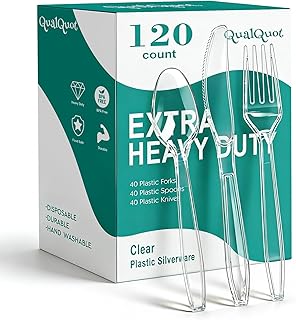 QualQuot 120 Count Heavy Duty Clear Plastic Silverware, 40 Forks, 40 Spoons, 40 Knives, BPA-Free and Heat Resistant, Disposable Cutlery set, Premium Clear Utencils for Party and Daily Use