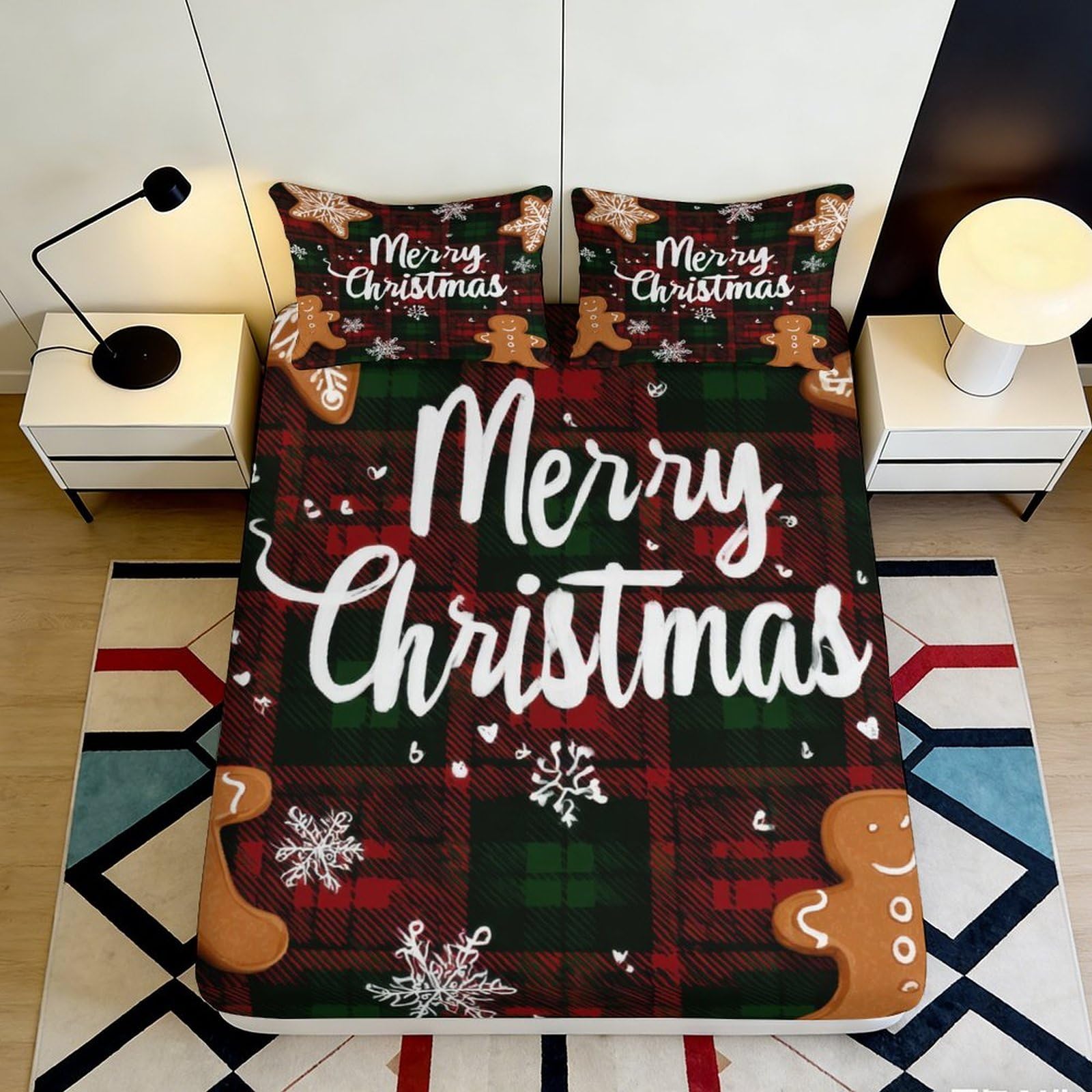 3D Printed Merry Christmas Fitted Sheet Microfiber Plaid Gingerbread Bed Cover for Bedroom Guest Room Holiday Decor 180x200x25cm