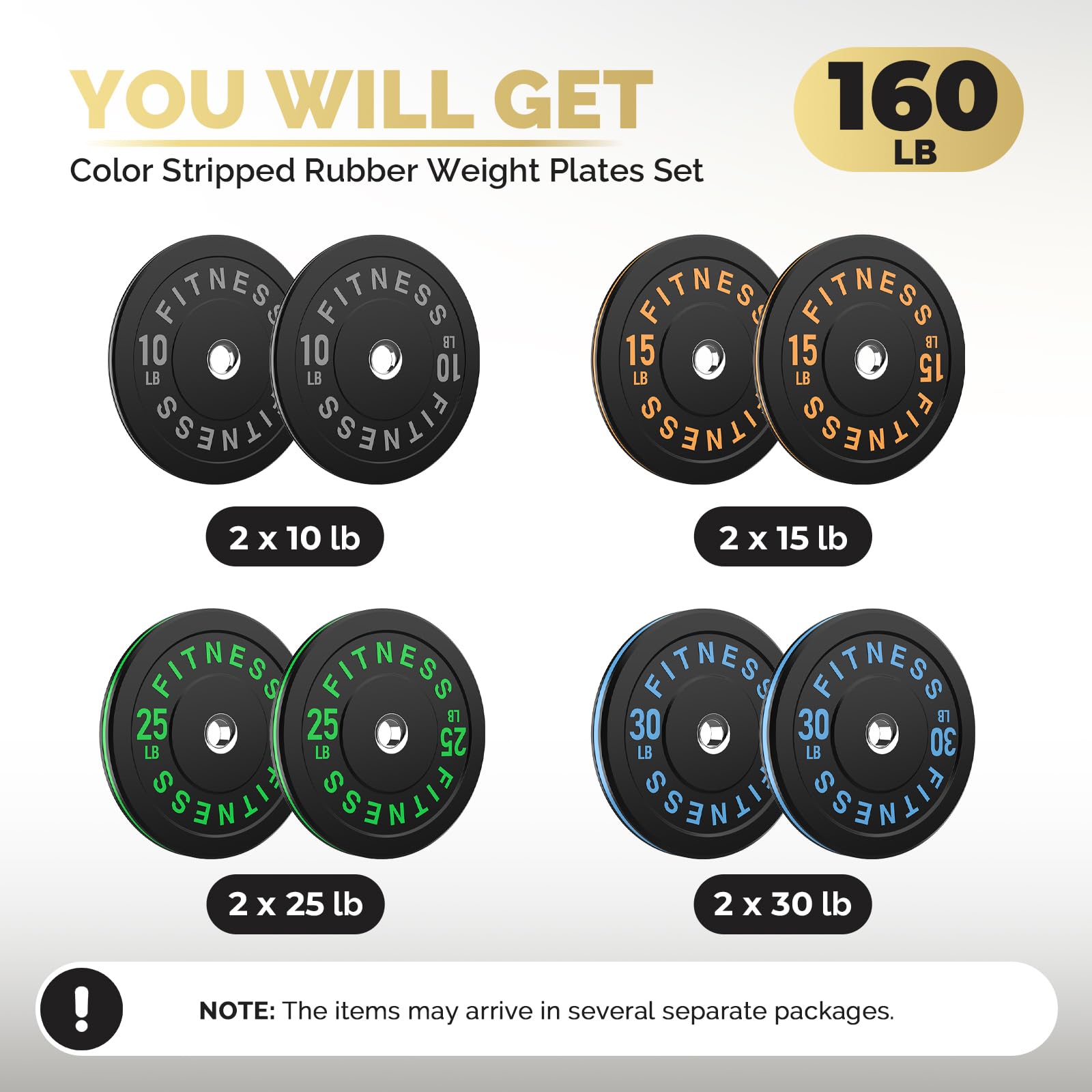 AMGYM Black Bumper Plates Pro Rubber Weight Plates with Colored Rim, Low Bounce Strength Training Plate for Home & Gym, 2 Inch Olympic Standards Weight 160lb Set, Vibrant Barbell Weight Plates for Weight Lifting