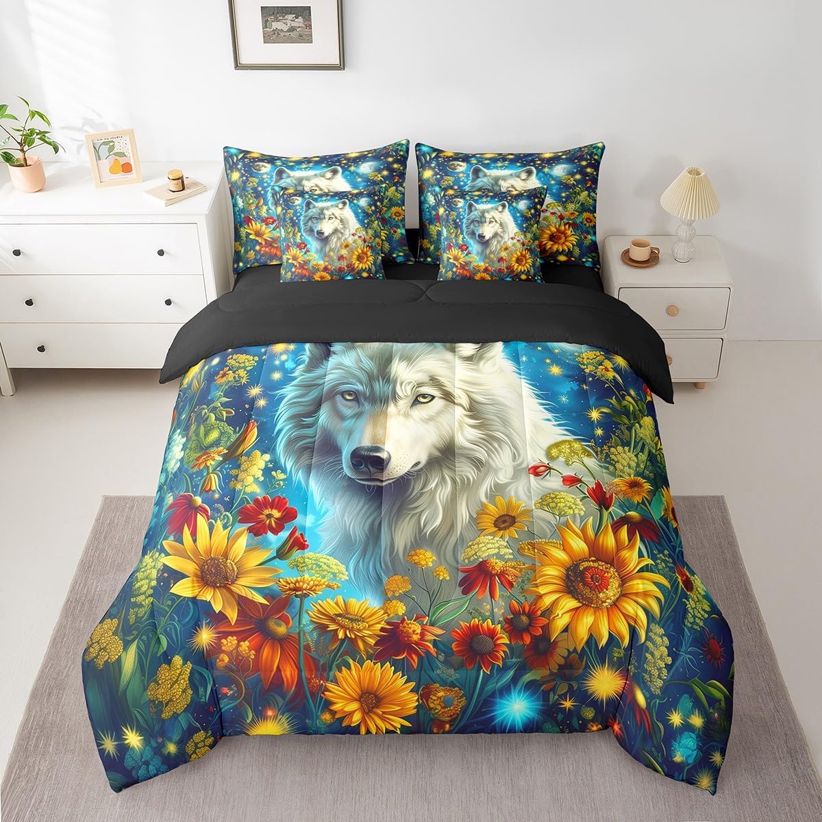 Manfei Wolf Full Bedding Set 7 Pieces,Rustic Daisy Sunflowers Natural Comforter Set with Sheets for Kids,Exotic Animal Neon Blue Sky Moon Stars Glitter Bed Set in a Bag with Pillow Covers