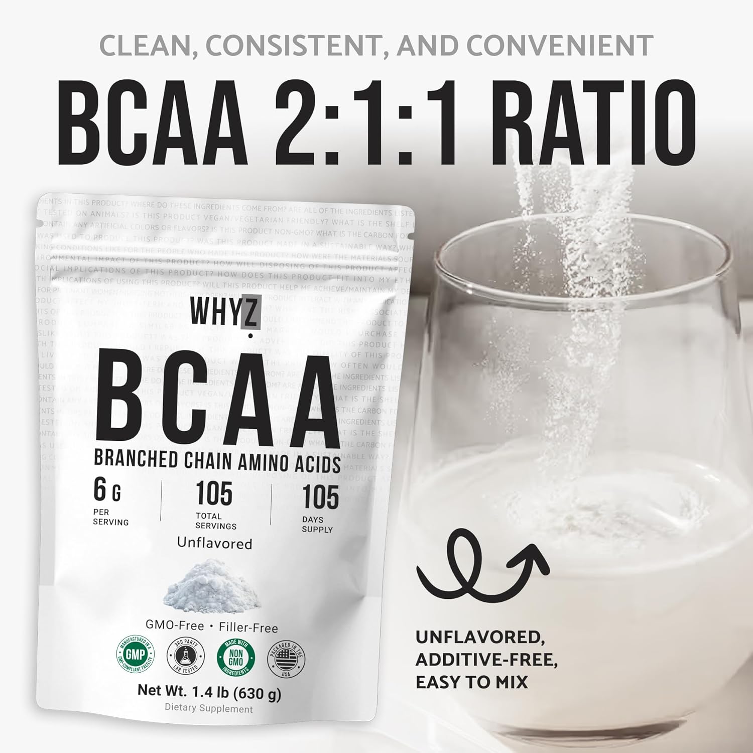BCAA Powder 2:1:1, Unflavored Branched Chain Amino Acids for Men and Women Pure BCAA Energy Powder for Mixing in Drinks & Shakes Non-GMO No-Additives, 105 Servings, 1.4 lb (630g)