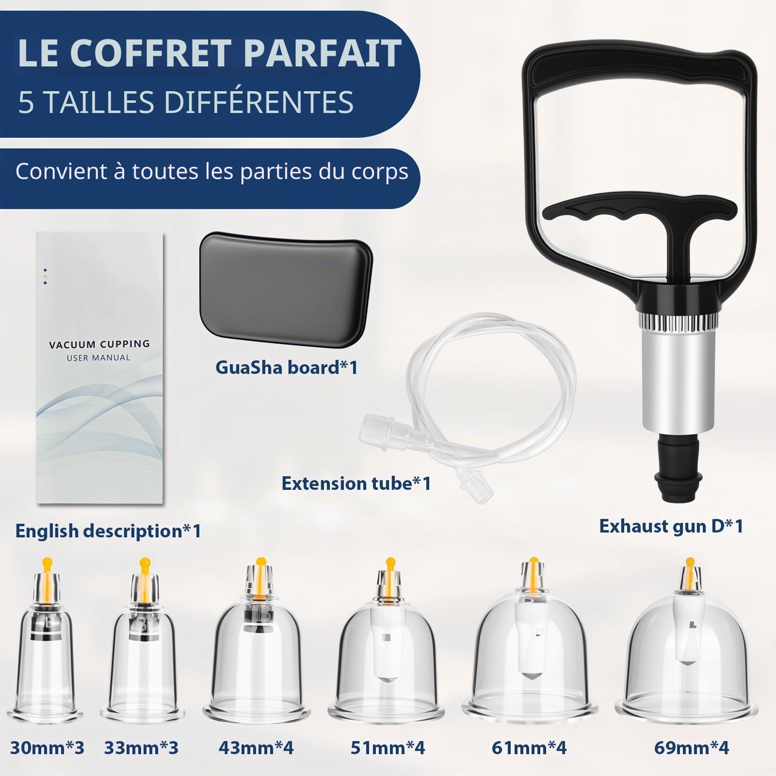 Lot de 22 ventouses en verre – Set de ventouses en plastique avec pompe à vide, ventouses pour massage, ventouses, dos, nuque, anti-cellulite, accessoires de thérapie