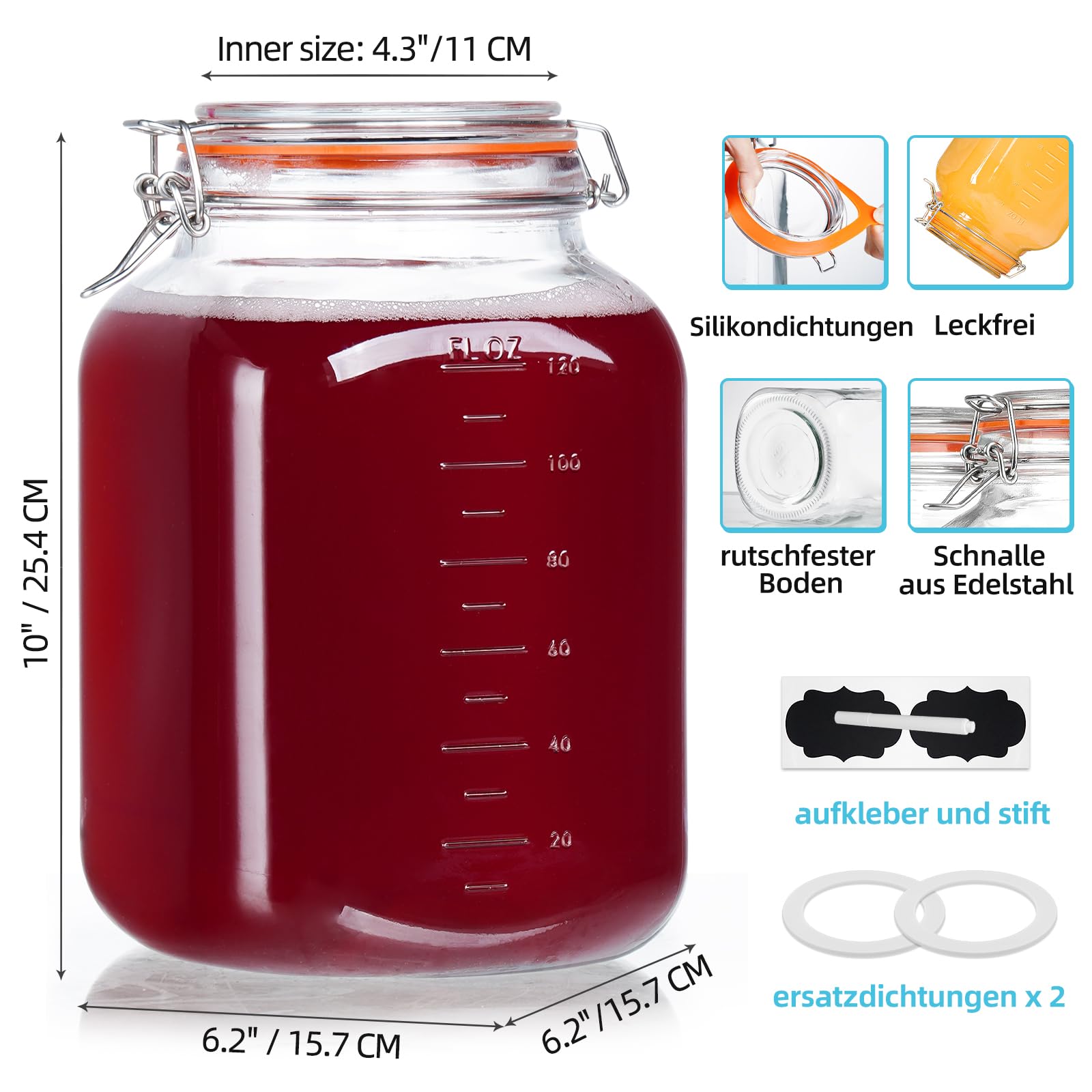 Absovetu Einmachgläser mit Bügelverschluss, 4 Liter, 2er Set Vorratsgläser | Bügelgläser, Drahtbügelgläser, Fermentierglas, Glasbehälter mit Deckel, für Kimchi Mehl Sauerteig Spaghetti Kaffee Mason Jar