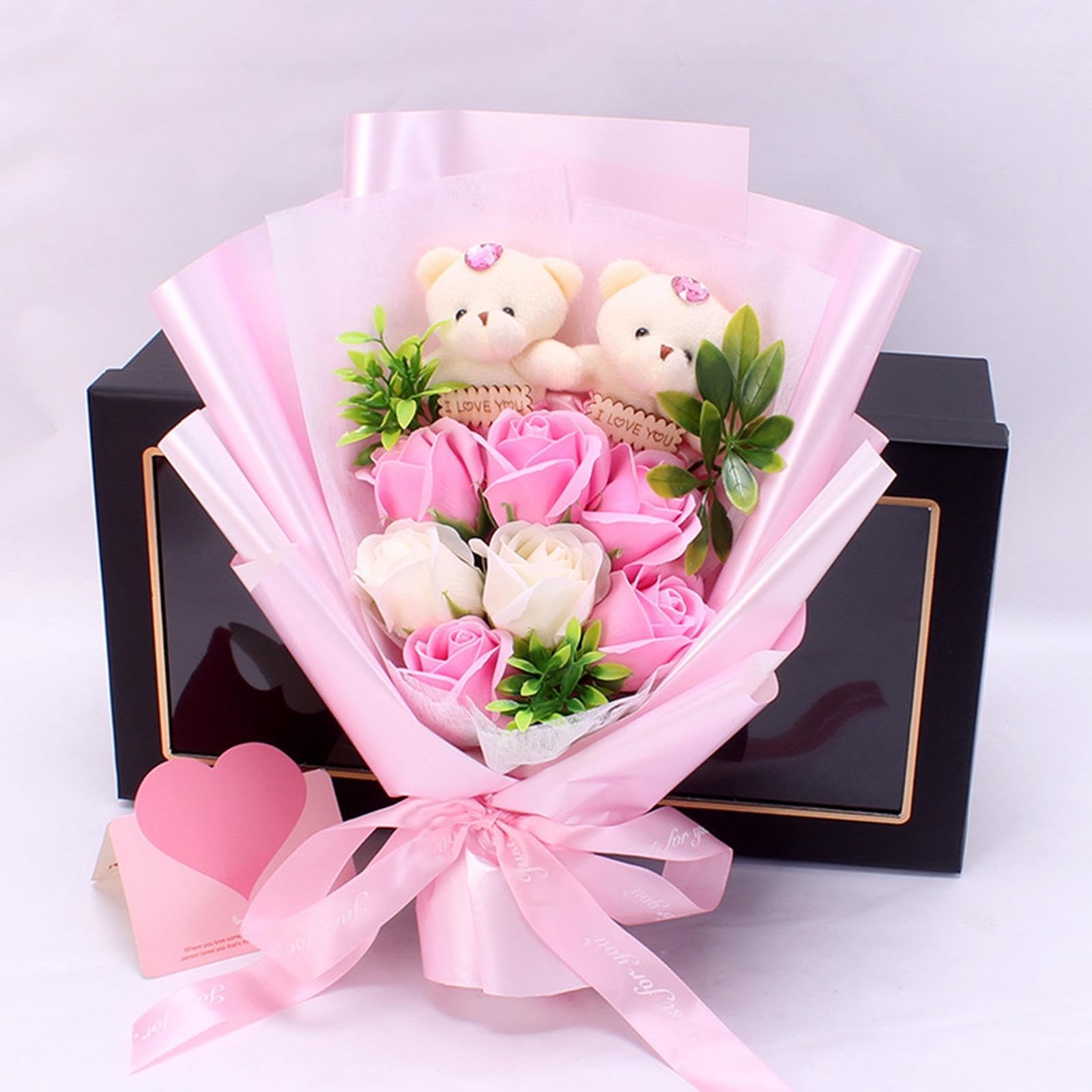 Bouquet de Fleurs Savon Bouquet Floral Artificiel Arrangement Floral avec Ours En Peluche Décoration Fête Anniversaire Adapté pour Salon Chambre Table, rose