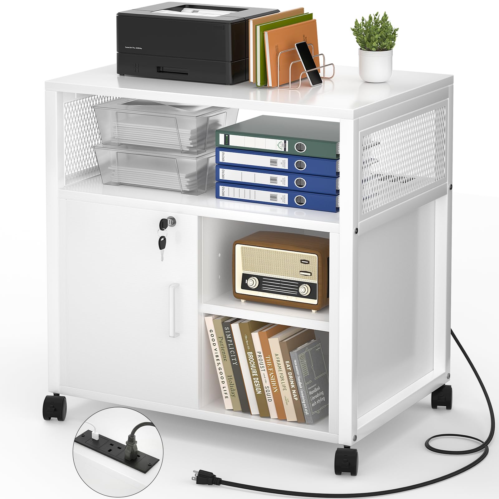 iSunirm Rolling File Cabinet, Lateral Filing Cabinet on Wheels Mobile Office Printer Stand with Door and Open Storage Shelf for A4, Letter Size and Hanging File Folders, White