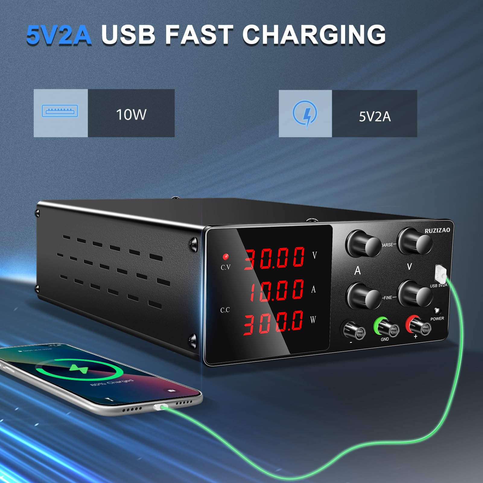 Labornetzgerät Regelbar Labornetzteil 30V 10A Variablen Schaltnetzteil Geregeltes Hochpräzises 4-stelliges LED-Display 5V/2A USB-Anschluss Labor DC-Stromversorgungen (Schwarz)