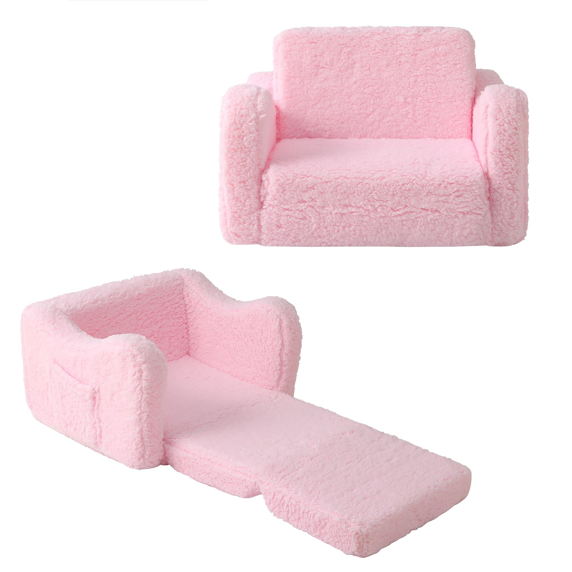 Sofá infantil para niños pequeños, sofá 2 en 1 de sherpa suave para bebés de 1 a 3 años de edad, plegable, sofá convertible para niñas y niños (rosa)