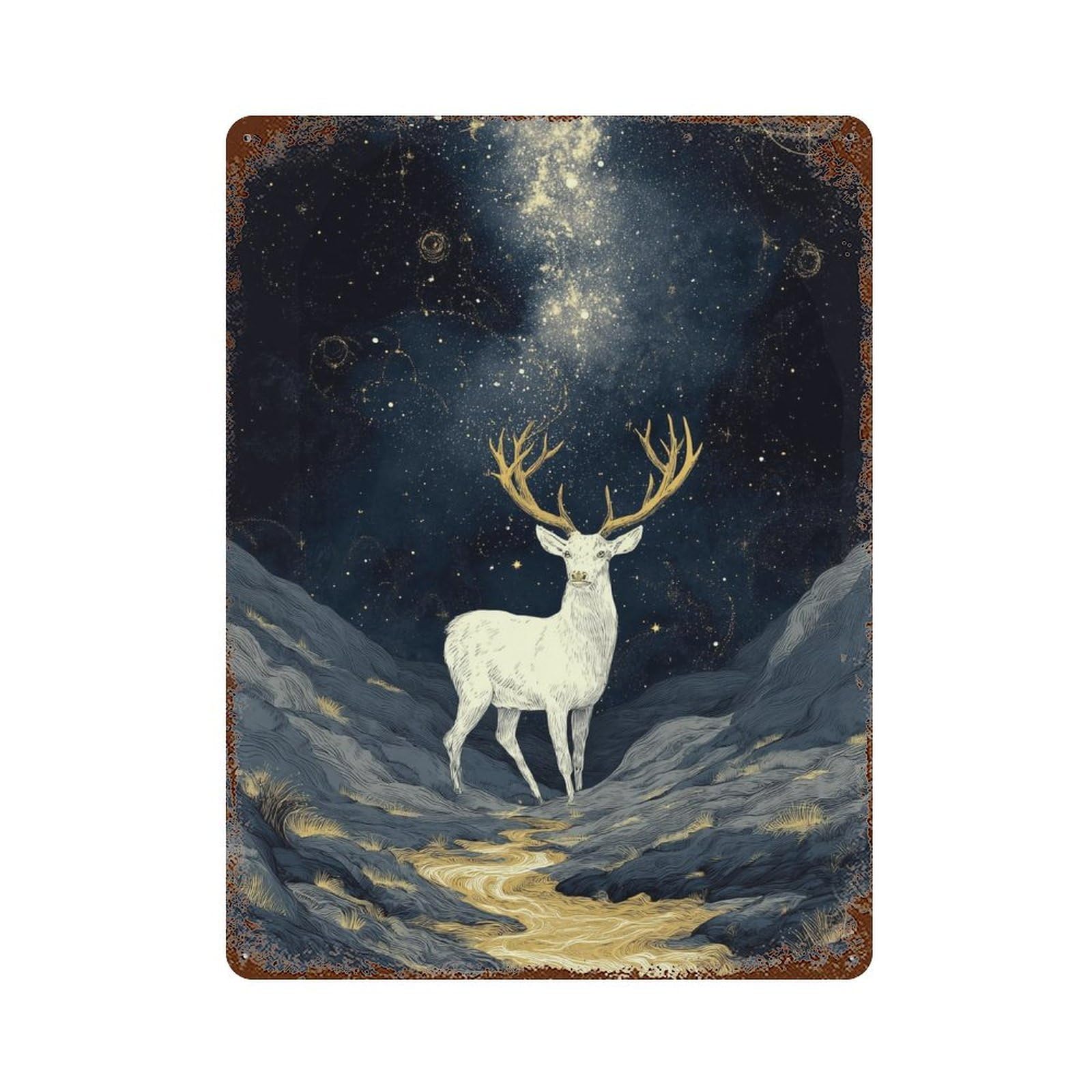 Starry Night Deer Pathway Rustic Tin Plaque 15.7"x11.8", Ideal for Office, Studio And Wall Decor