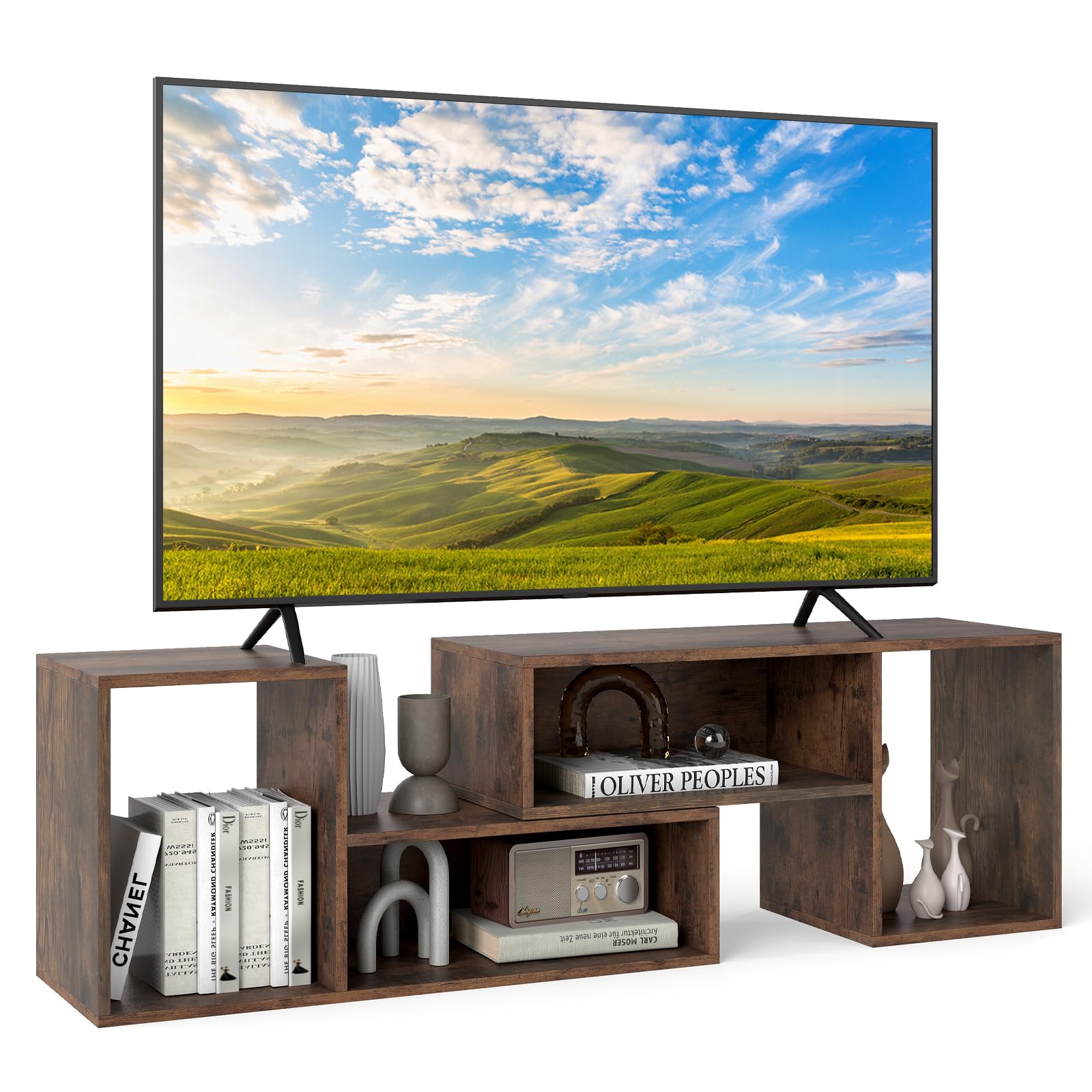 COSTWAY TV Stand Cabinet for 60 Inch TVs, Free Combination Adjustable Media Entertainment Center with L-Shaped Storage Shelves, Wooden TV Unit Console Table for Living Room Bedroom (Rustic Brown)