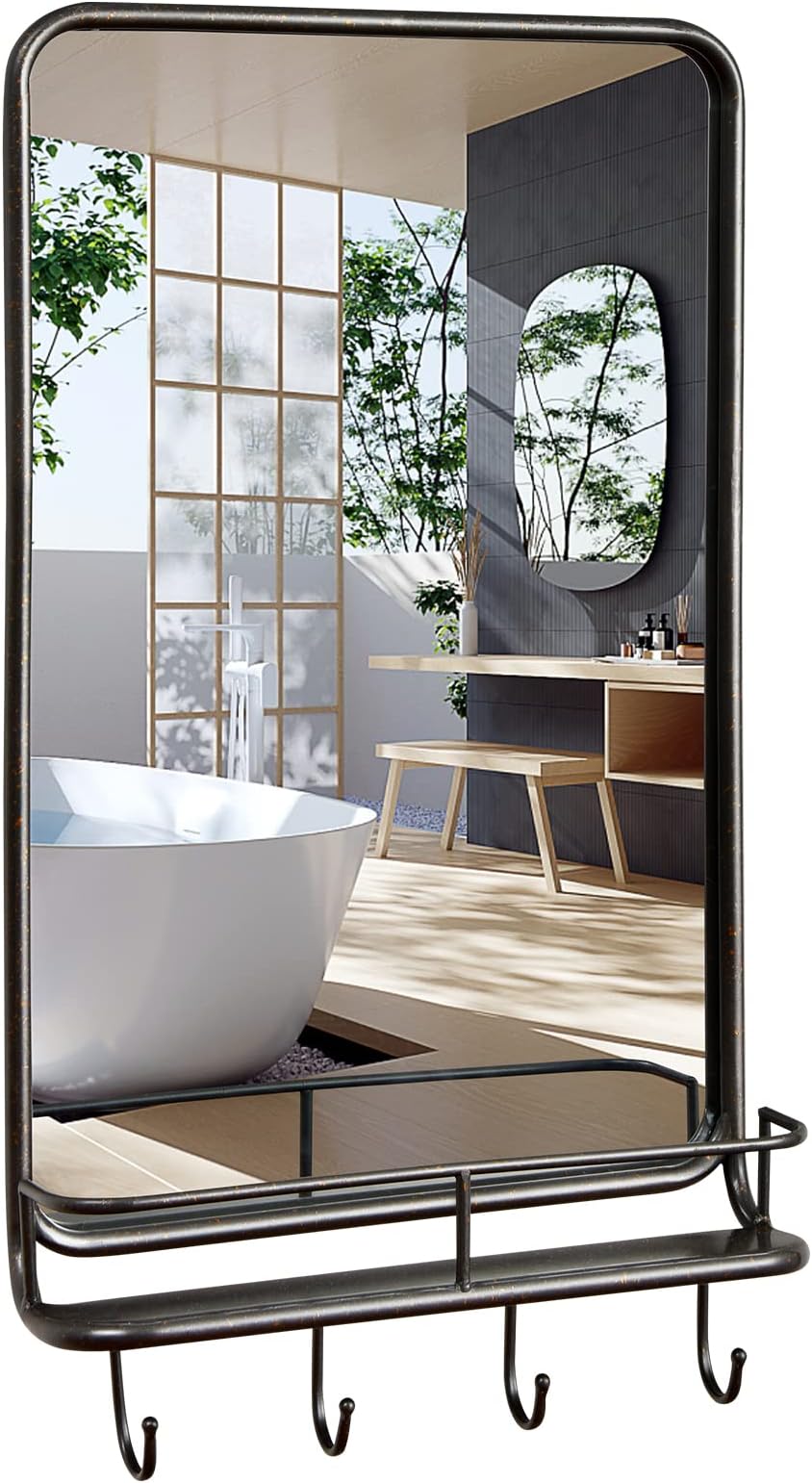 Amazon.com: Happytools Wall Mounted Mirror w/ Shelf & Hooks, Black Metal Framed Vanity Rectangle ...