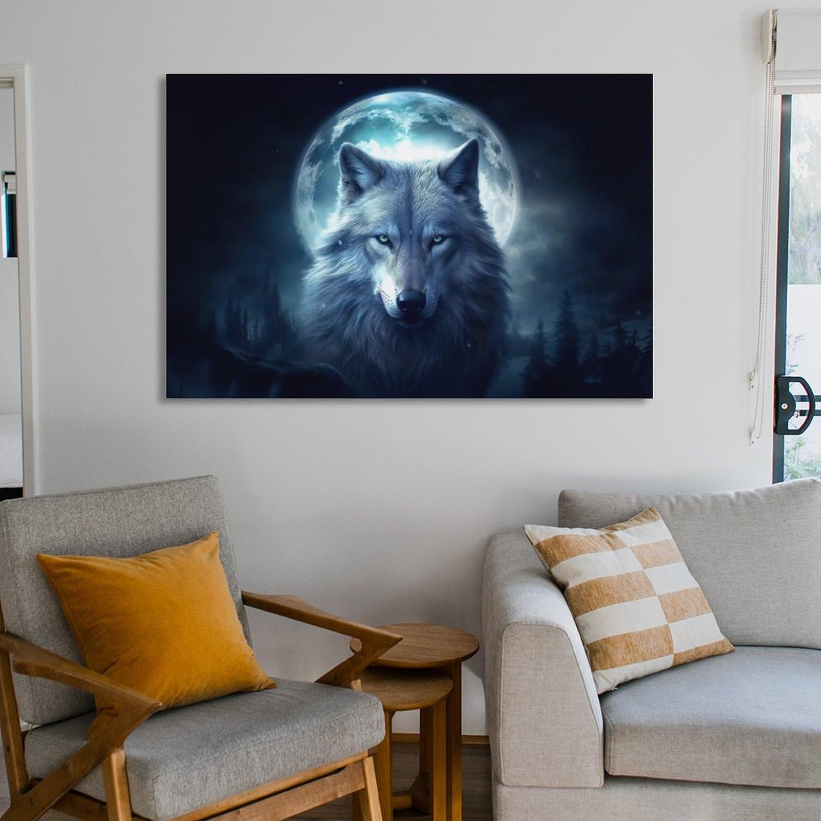 LB Moon Over Ocean Tapestry Wall Hanging, Galaxy Wolf On Mountain Wall Tapestry, 3D Fantasy Watercolor Starry Night Sky Forest Wall Art For Bedroom Living Room Dorm Home Decor, 60 X