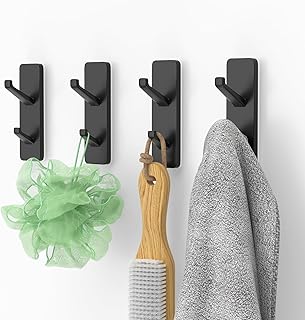 susswiff 4 Pack Black Adhesive Hooks, Sticky Hooks Extra Strong,Heavy Duty Stick On Wall Door Hooks for Hanging,Bathroom Tower Hooks,Coat Hooks Robe Hook Wall Mounted, Kitchen Hallway Hooks,Stainless
