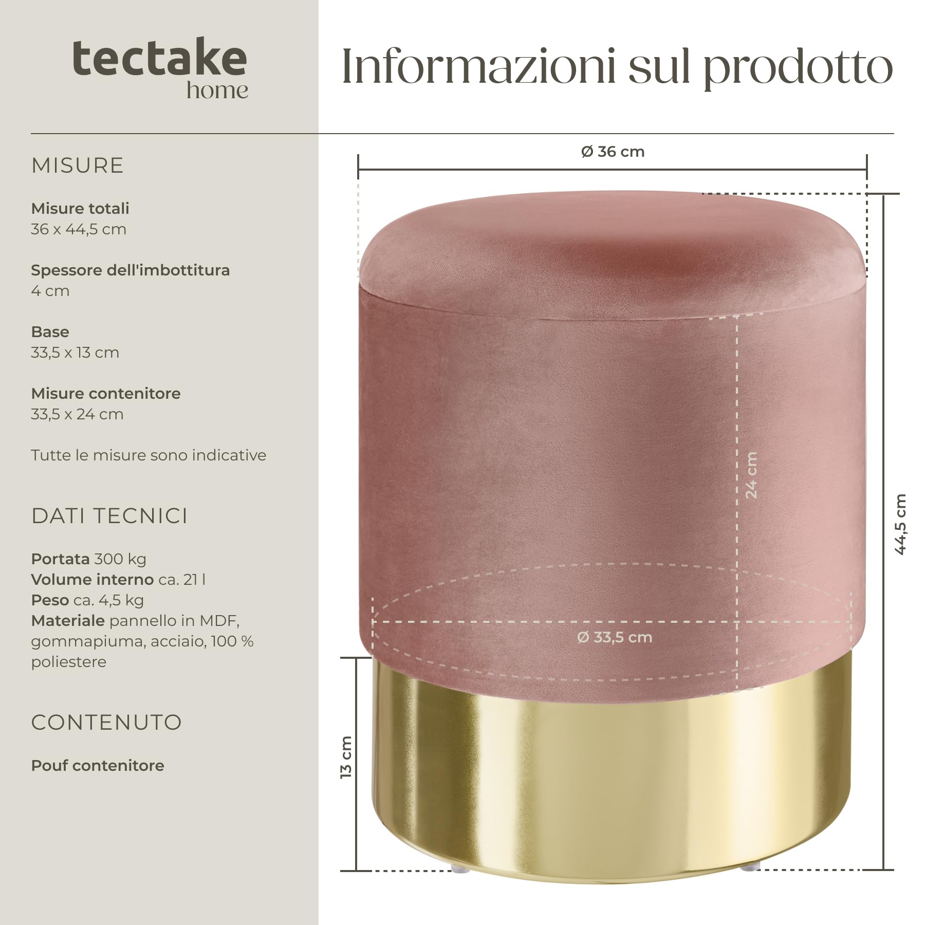 tectake® Sgabello Rotondo in Velluto, Con Scomparto Nascosto, Base in Acciaio Oro, Capacità di Carico 300 kg, Comfort Elevato, Design Elegante per Casa e Ufficio - Rosa