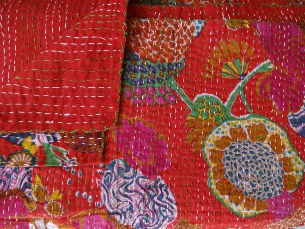Indian Handmade Red Kantha Quilt Cotton Fruit Print Tribal Bed Cover Reversible Bedspread Blanket Picnic Throw Floral Coverlet 90x60 Inches