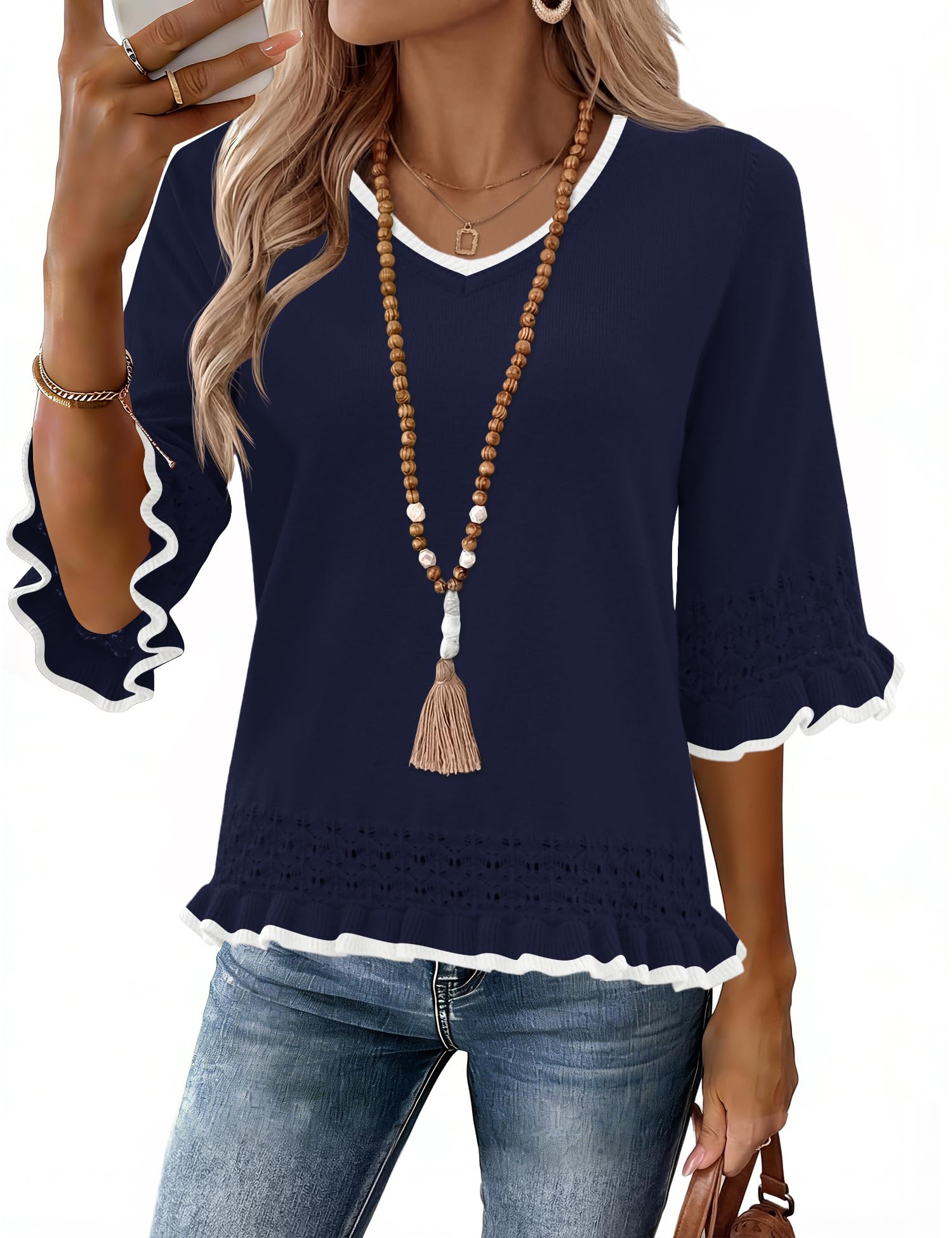 LOMON Women's Sweaters 3/4 Sleeve Business Casual Sweater V Neck Boho Tops Cute Crop Knit Peplum Pullover Spring Outfits — view 22