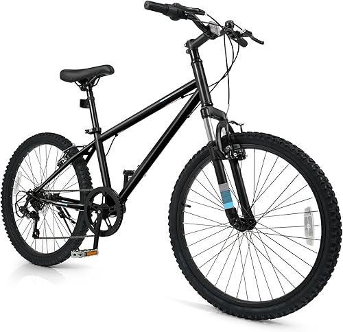 Goplus Bicicleta de montaña, bicicleta para niños de 2024 pulgadas con transmisión de 6 velocidades, horquilla de suspensión, frenos dobles, asiento