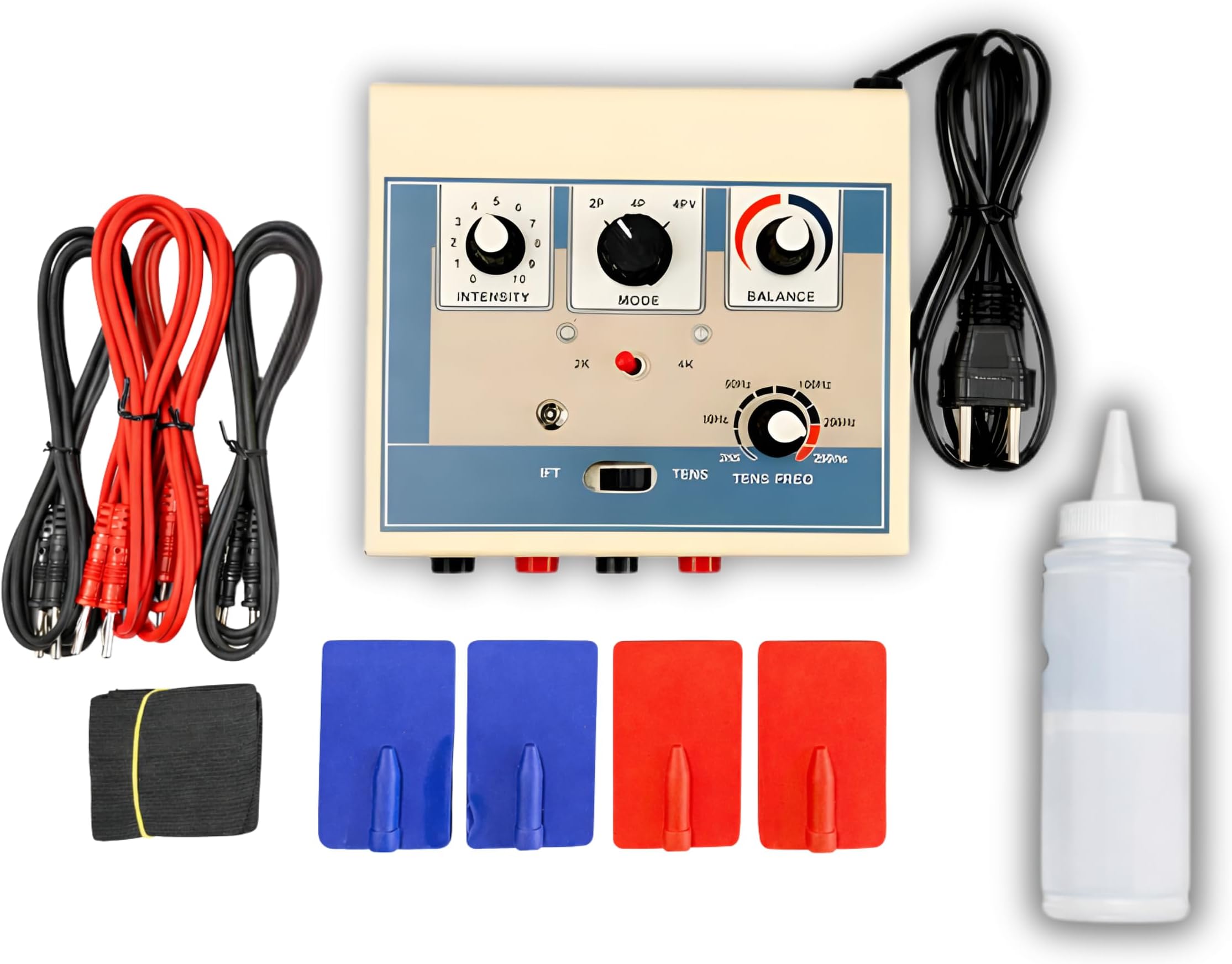 Interferential Therapy TENS Combination for Muscle Stimulation, Dual Channel Physiotherapy Machine with 4 Electrode Pads, 4 Output Cables, Power Cord, 15x15 cm