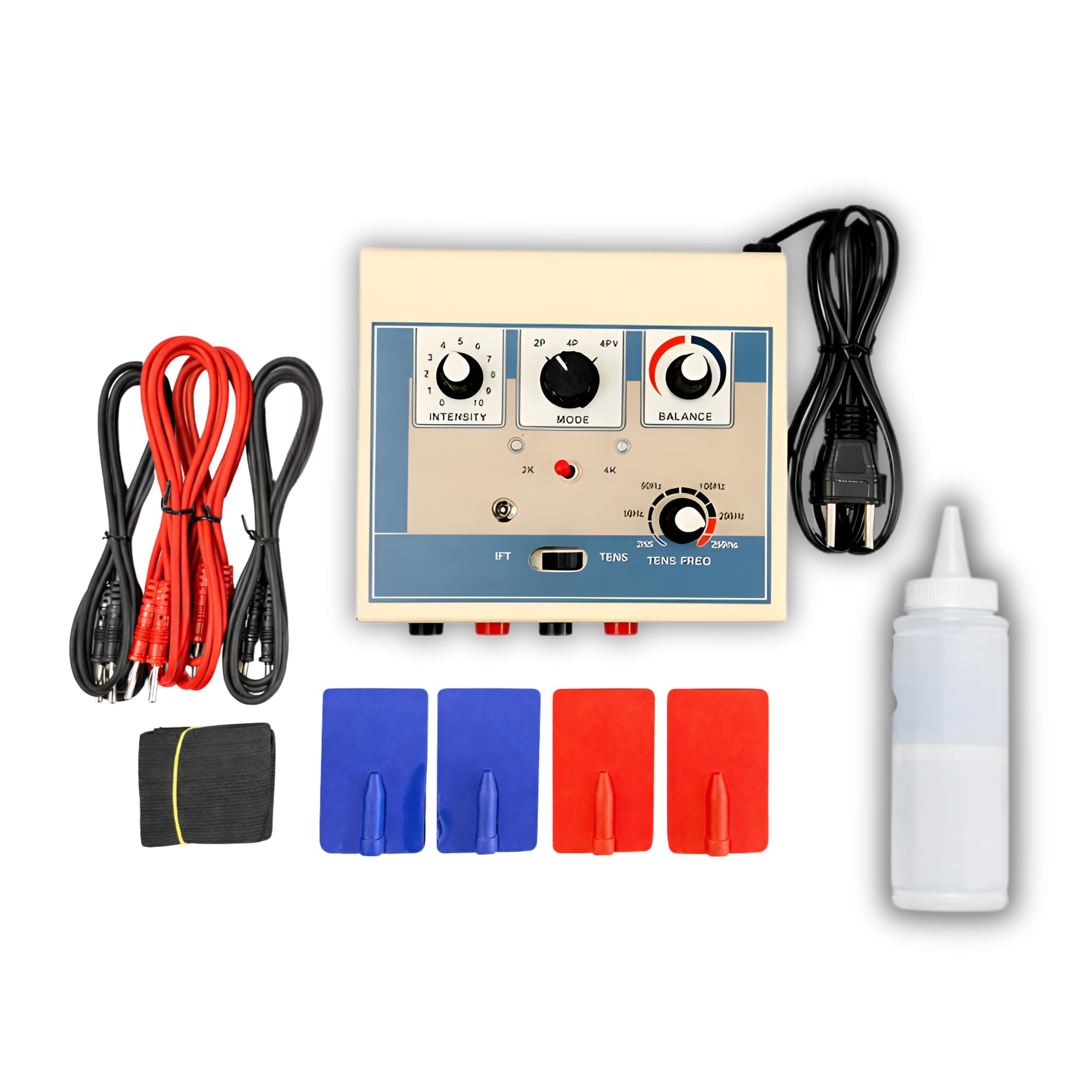 Interferential Therapy TENS Combination for Muscle Stimulation, Dual Channel Physiotherapy Machine with 4 Electrode Pads, 4 Output Cables, Power Cord, 15x15 cm