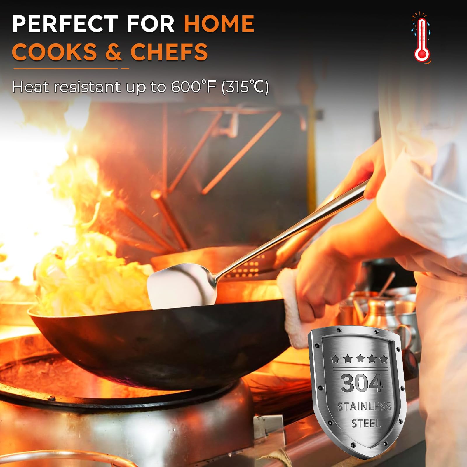 MARTE Juego de utensilios de cocina, 5 piezas de acero inoxidable 304 con soporte, espátula para wok resistente al calor y cucharón, juego de herramientas de skimmer, accesorios para wok y sartenes