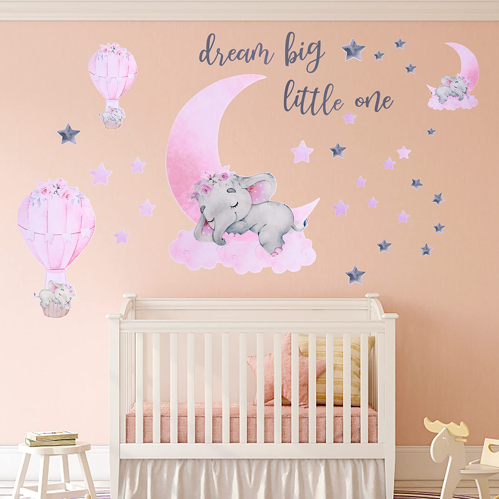 ASTER Dream Big Little One Elephant Wall Stickers Wall Decals, Pink Moon Hot Air Balloon Watercolor Sticker Grey Star Nursery Decor for Kids Room Living Room Bedroom Decorations Home Decor