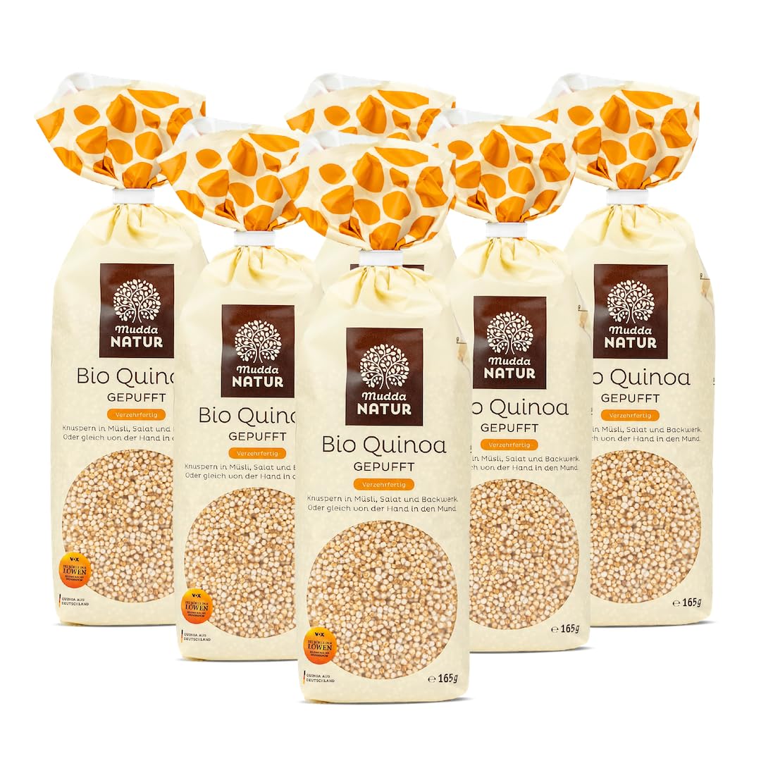 Mudda Natur Bio Vollkorn Quinoa - gepufft - (6x165g), angebaut in Deutschland - glutenfrei & frei von Bitterstoffen, perfekt für Müsli, Porridge & als Topping für leckere Bowls