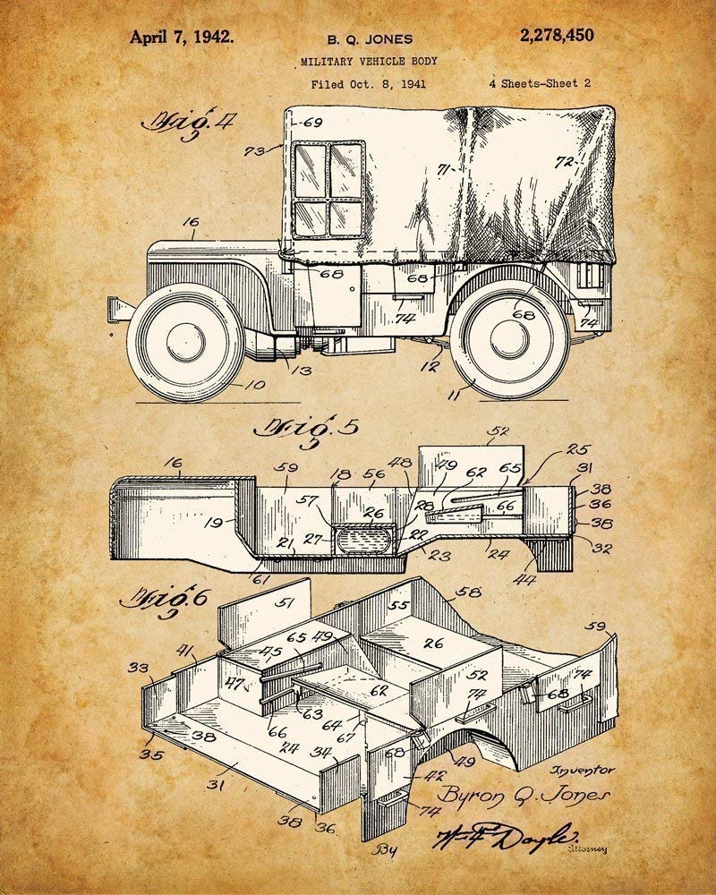 Original Jeep Patent Art Prints - Jeep Gifts for Men Set of Four Photos (8x10) Unframed - Great Man Cave Decor and Gift Under $20 for Jeep Enthusiasts