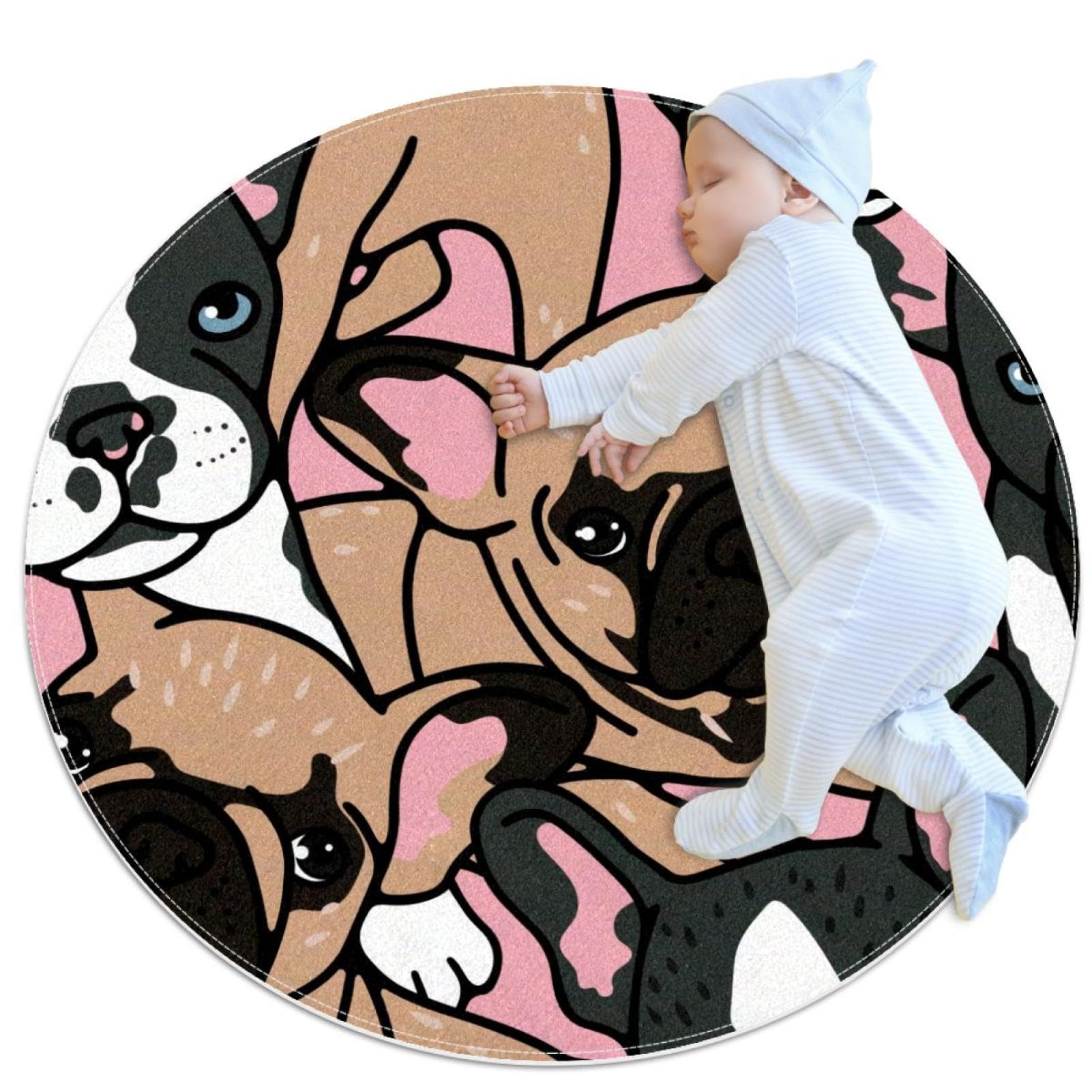 Tapis bouledogue français et camomille : tapis de bain et de chambre rond antidérapant