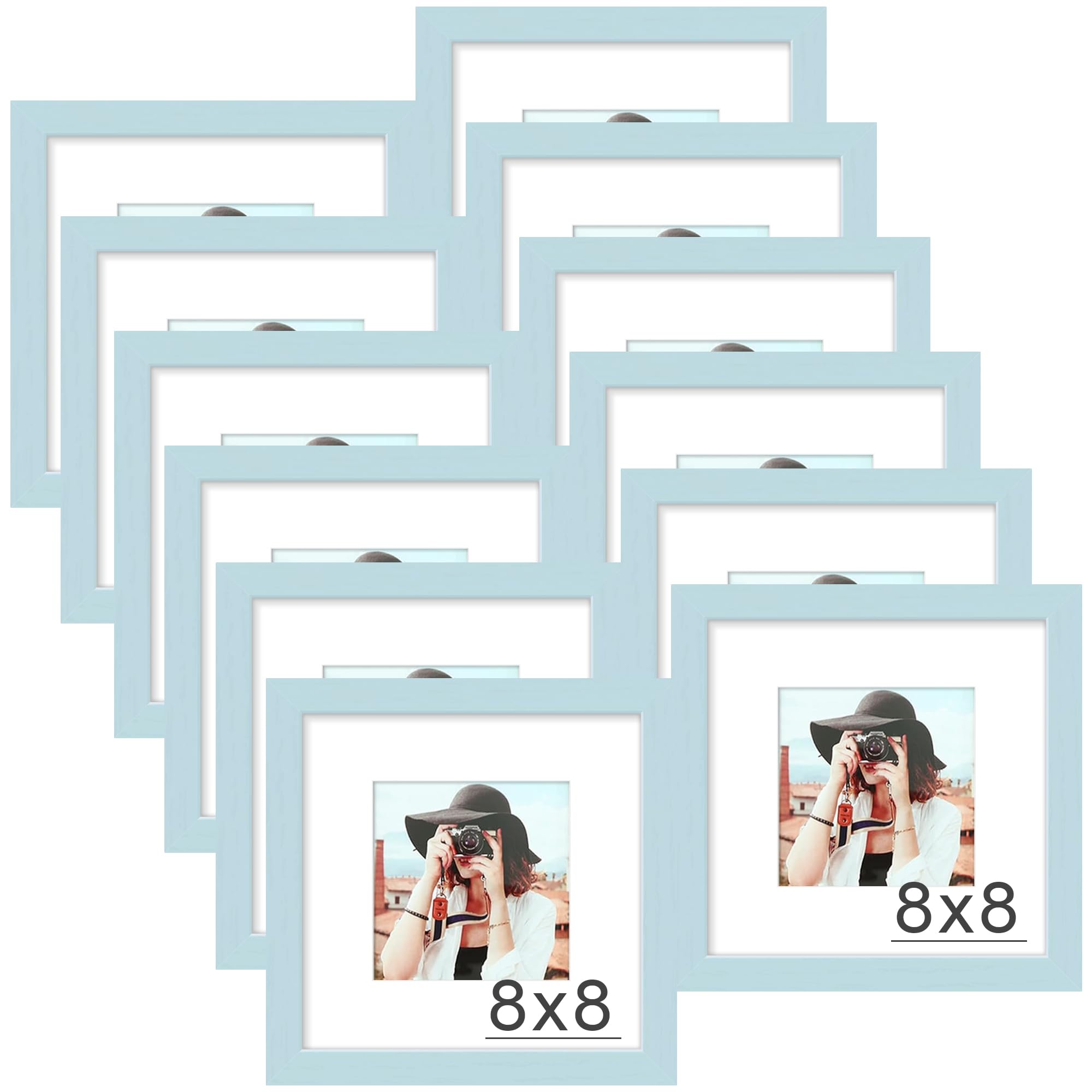 Picrit 8x8 Picture Frame Set of 12, Display 5x5 with Mat or 8 x 8 without Mat, Photo Frames for Wall Mounting or Table Top Display, Blue