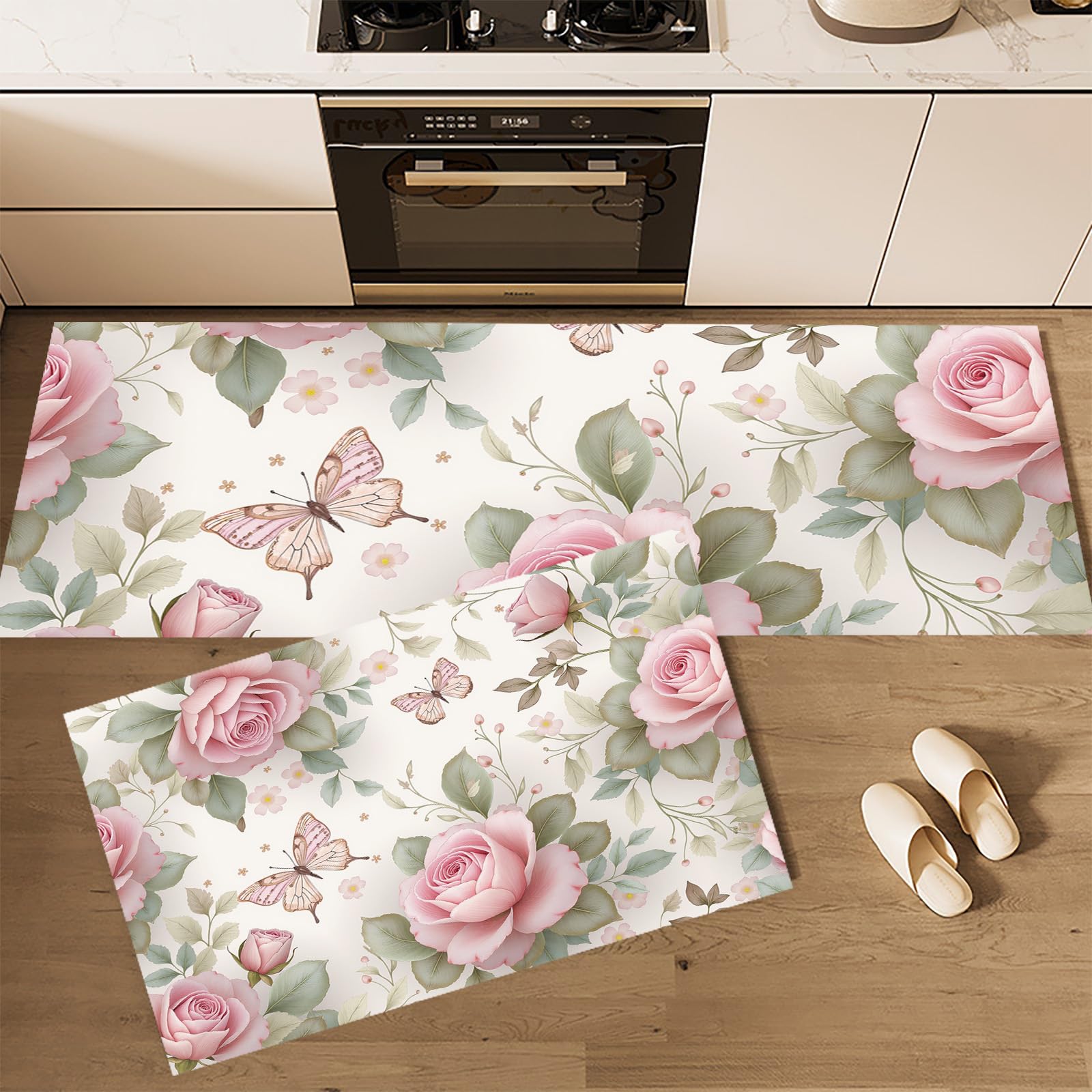 Alfombras de cocina de estilo campestre en rosa, set de tapetes para pasillo