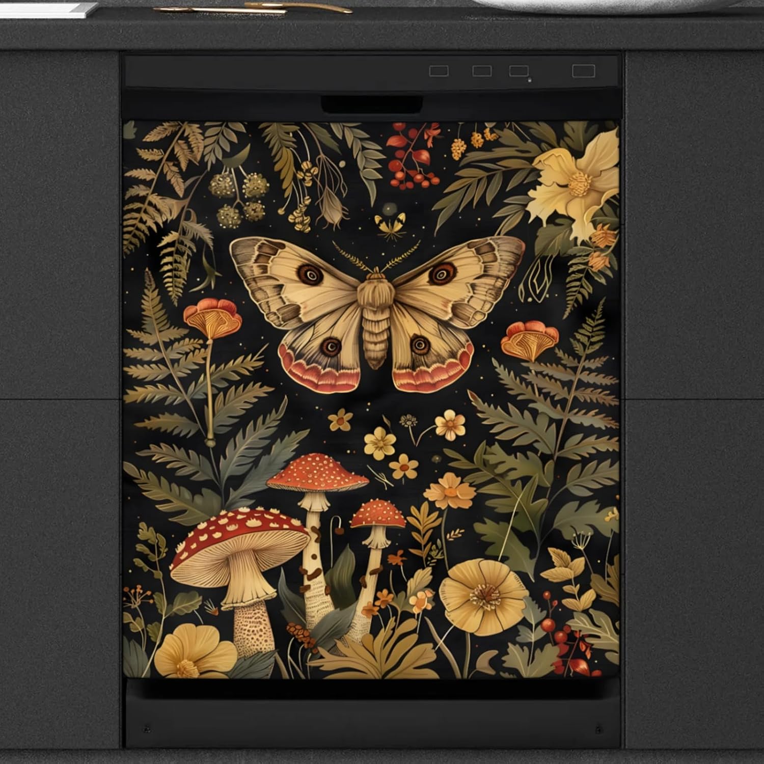 Dishwasher Magnetic Cover Kitchen Decor, Mushroom Moth Floral Flower Dishwasher Magnet Sticker Trimmable Refrigerator Magnetic Sticker Home Appliances Magnet Decorative Decal Sheet 23 x 26 Inch,A-962