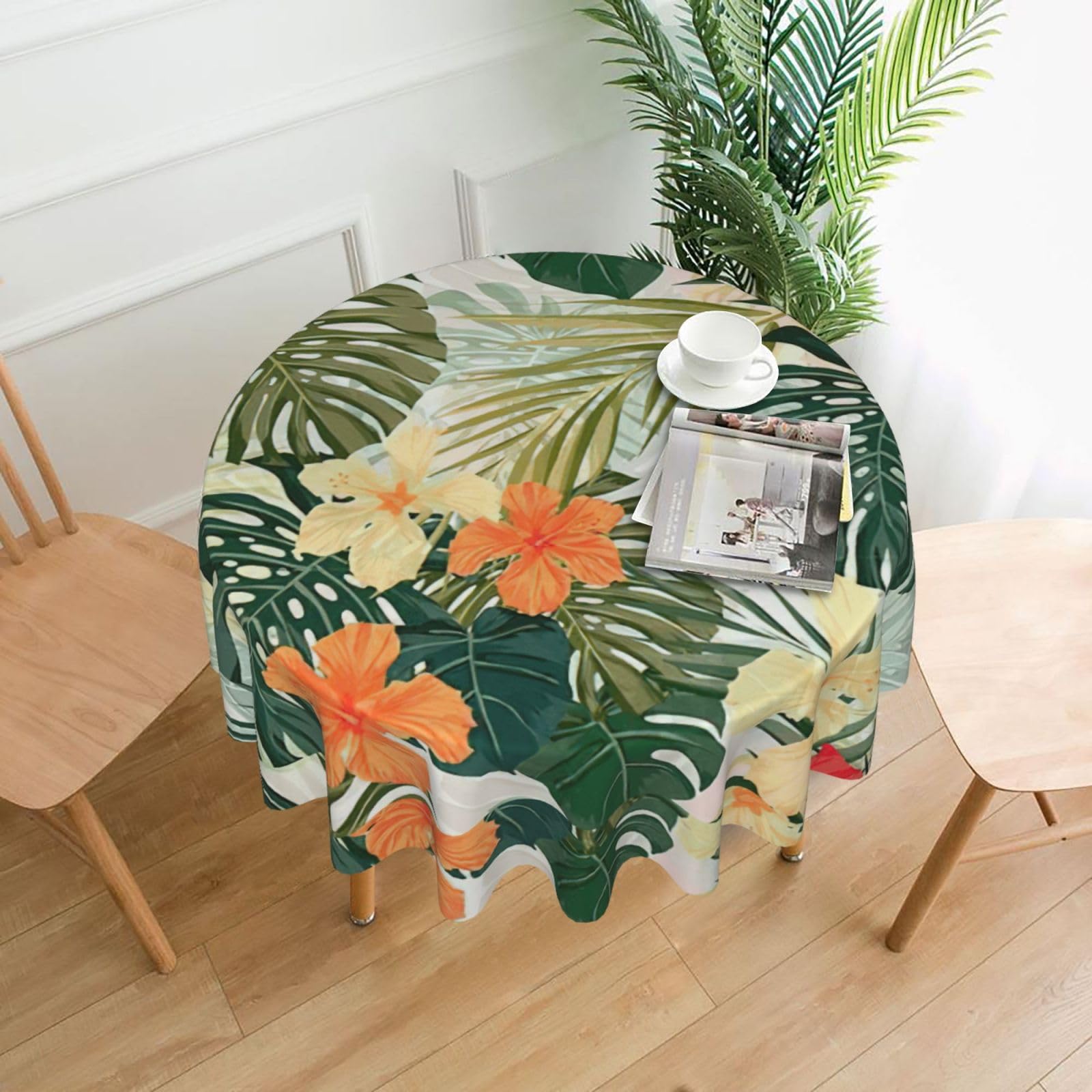 OXbnmm Vegetation Leaves with Hibiscus Flowers Print Soft Round Tablecloth 60in Polyester Washable Cover Cozy Gift for Mom Housewarming