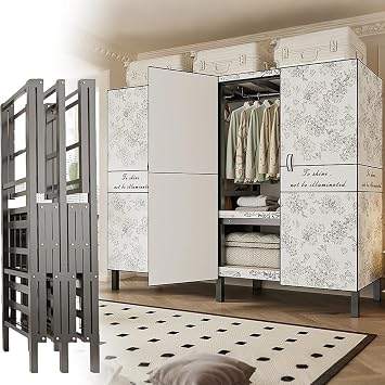 Heavy Duty Portable Closet Wardrobe, Large Garment Rack with Cover & Hanging Rods, Freestanding Wardrobe with Magnetic Door, Metal Closet Rack for Hanging Clothes,A,49.2"/125cm