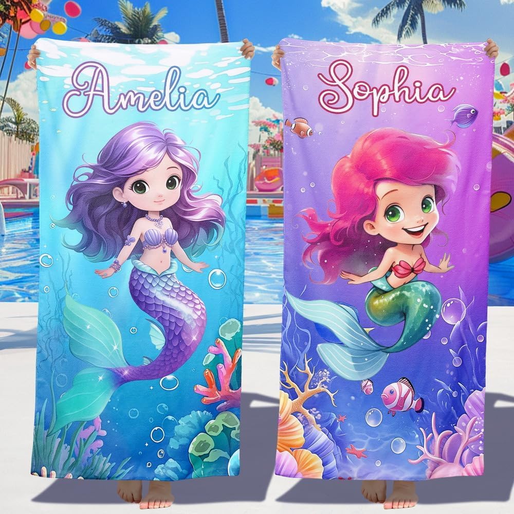 Loosusu Personalised Beach Towels for Kids - Custom Beach Towels with Monogram & Name- Ultra Absorbent Super Soft Swimming Towels for Kids,Customised Bath/Pool/Beach Towel for Boys Girls(Mermaid-D)