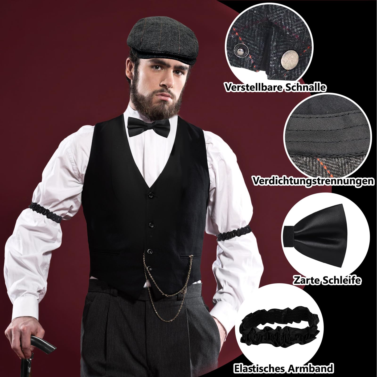 Grantop 1920s Jahre Herren Accessoires, 20er Gangster Kostüm, Herren Accessoires Mafia Gatsby Kostüm Set, Weste Fedora Hut Schnurrbart für Mann Karneval Fasching Halloween Cosplay