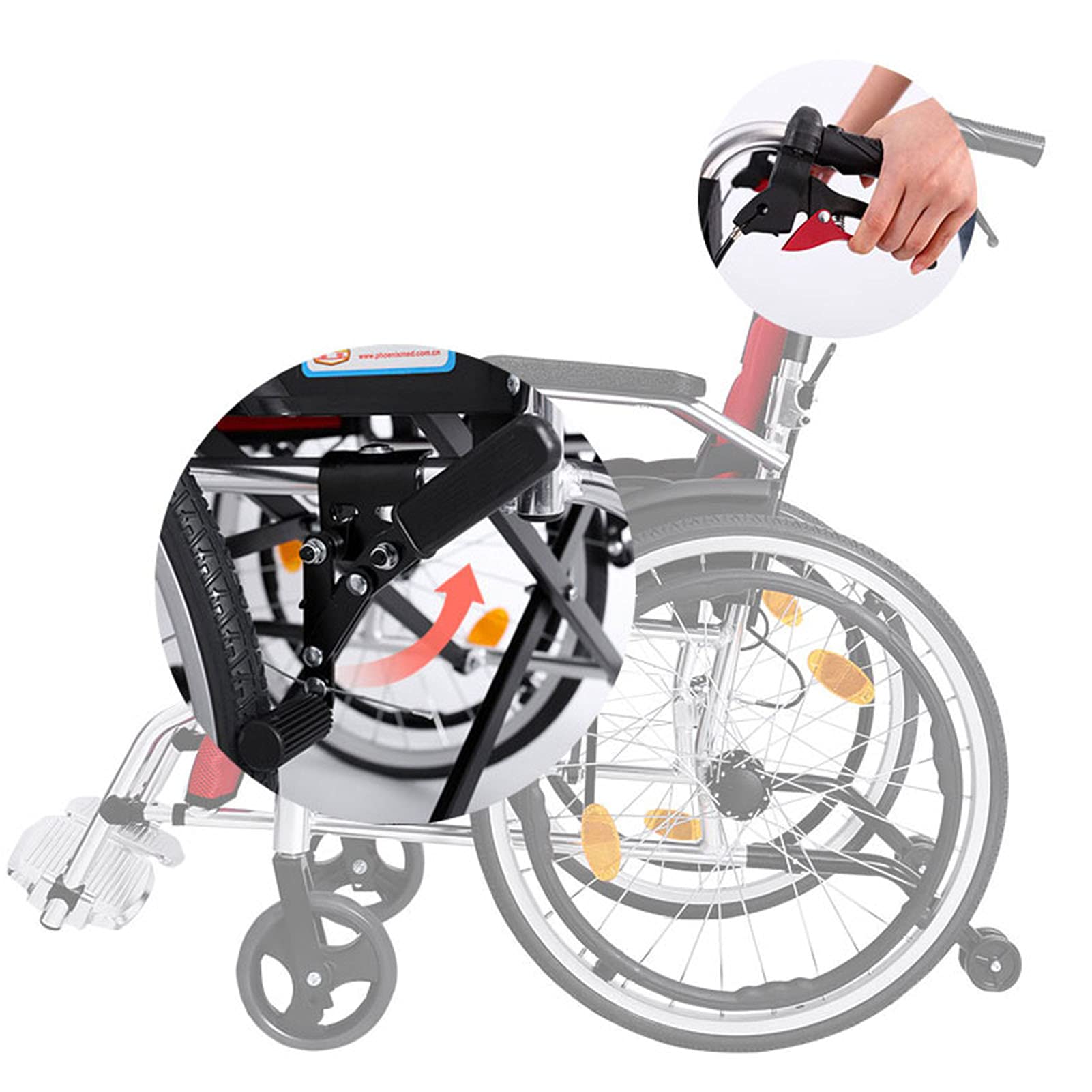 Silla de ruedas manual ligera con pedal plegable retráctil y frenos auxiliares para adultos, diseño portátil de aluminio para recuperación postoperatoria
