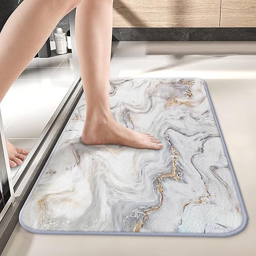 Miniatura 1 de Tapete de baño de imitación de cachemira de mármol, 17 x 30 pulgadas, tapete decorativo de mármol gris y blanco, parte trasera de goma