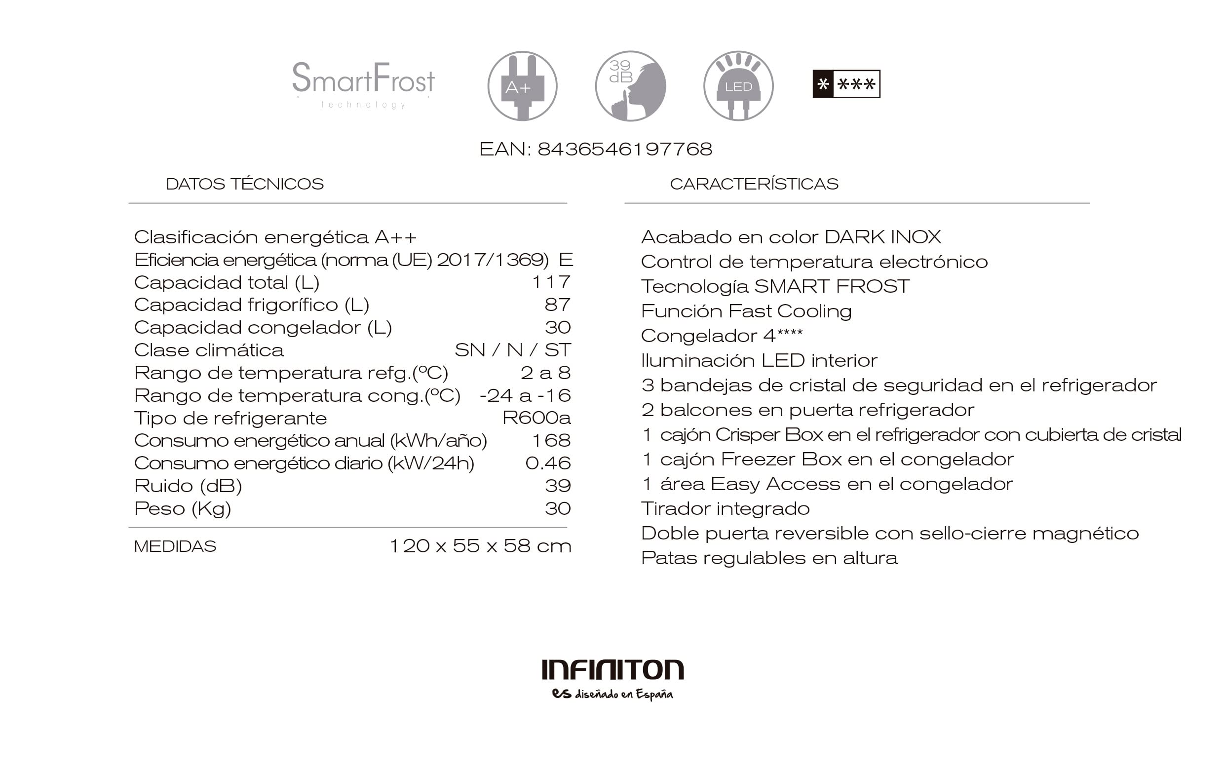 INFINITON FGC-117B - Frigorífico combi, 117 litros, Dark Inox, SmartFrost, Fast Cooling, Clase A++/E, Altura 120cm