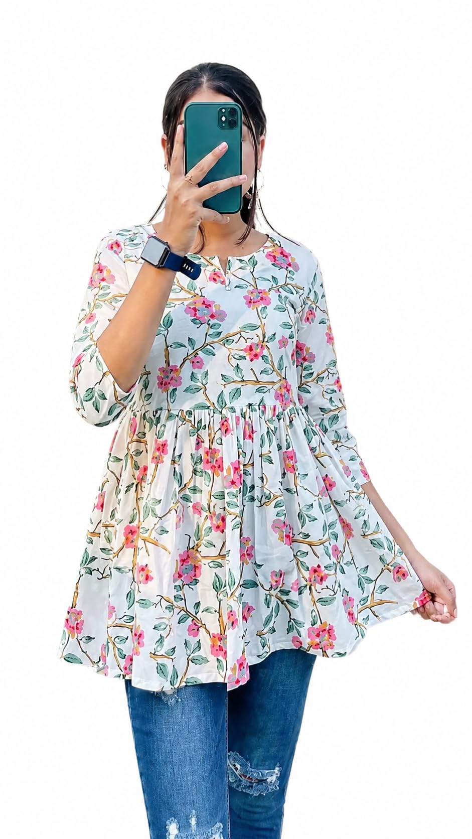 Women's Floral Printnted Peplum White Tunic Top, 3/4 Sleeve-picture-13
