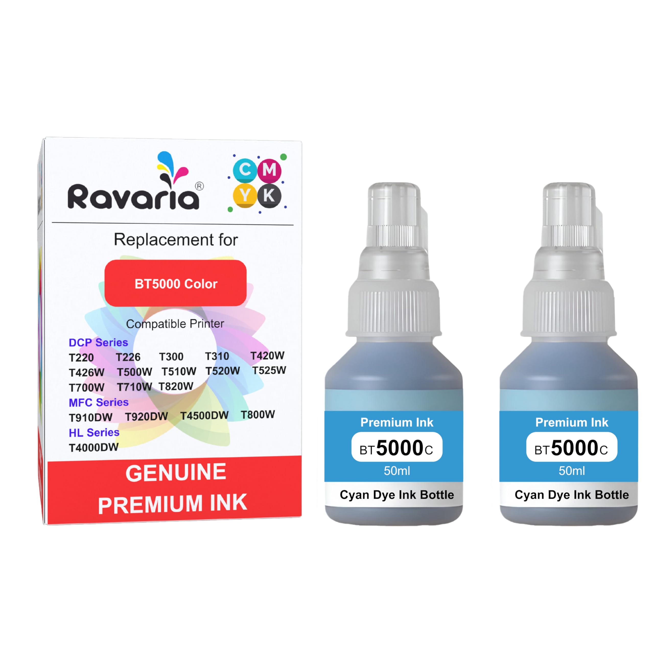Ravaria BT-D60BK / BT6000 and BT5000CMY Compatible Ink for Brother Printer T220, T420, T520, T820, T920, T510, T910, T710, T4000W, T4500W, T300W, T800W (BT5000C Cyan 2 Pcs Pack) discount deal
