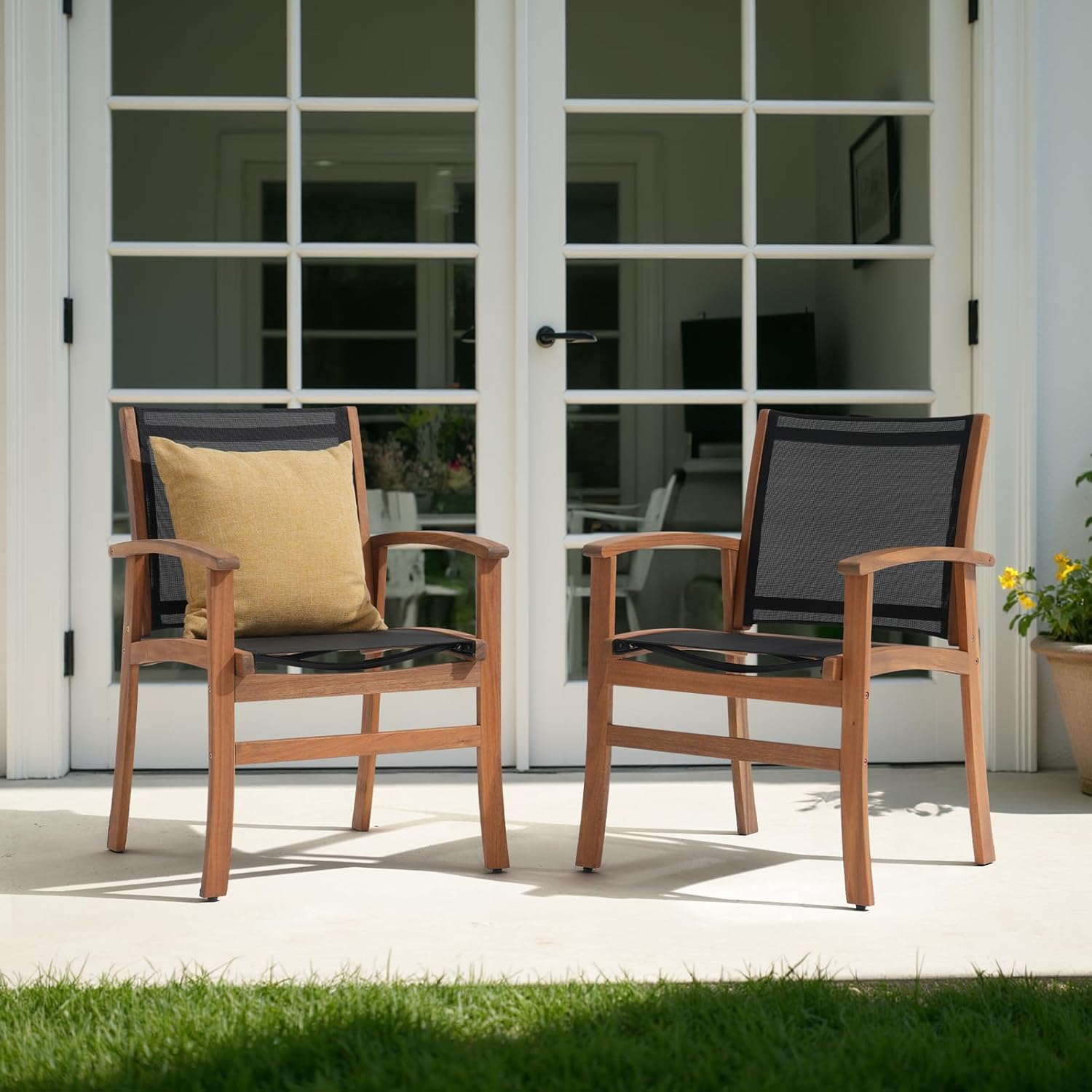 OC Orange-Casual Patio Furniture Set, Outdoor Chairs Set with Acacia Wood Frame and Metal Support Bars,Breathable Textilene Fabric Curved Armchair Support 350lbs for Lawn, Garden (Black, 2 Pieces)