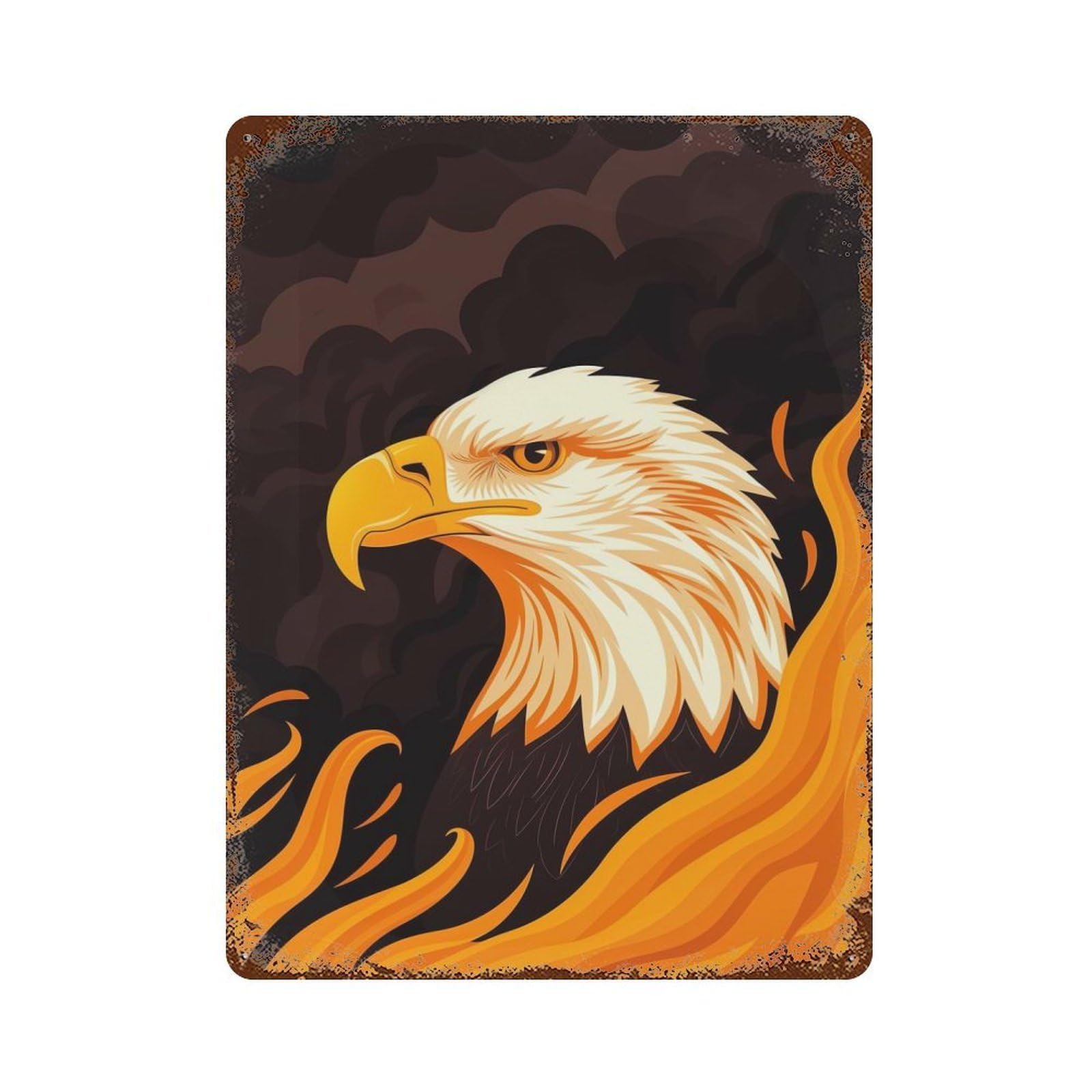 Distressed Metal Wall Sign with Fierce Eagle Vector Portrait with Fiery Backdrop Design 15.7"x11.8", for Cafe, Home Bar And Lounge Decor, Retro Wall Decor