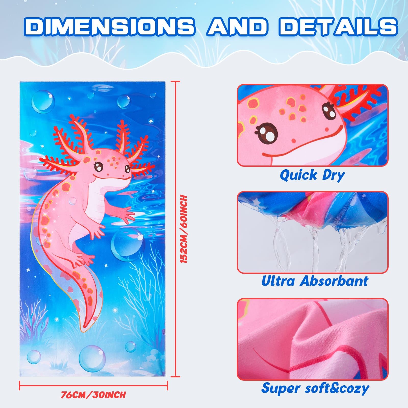 WERNNSAI Dinosaur Kids Beach Towel for Girls 76 x 150cm Axolotl Sand Free Swim Towels for Girls Bath Pool Camping Travel Towel Quick Dry Ultra Absorbent Super Soft Beach Blanket Bath Shower Towel - Image 4
